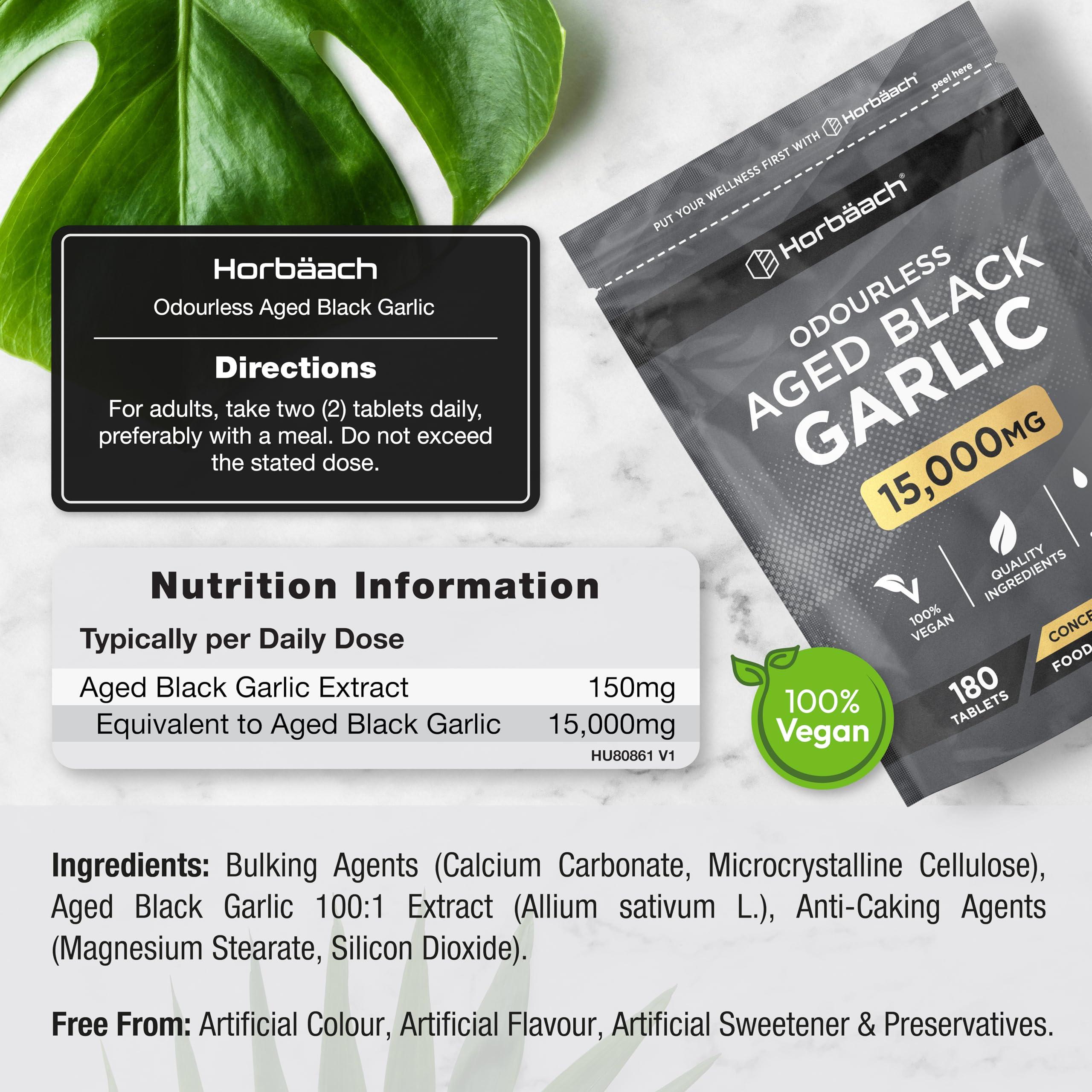 Horbach Black Garlic Tablets 15000mg | 180 Count | High Strength Odourless Concentrated Garlic Extract | Aged Black Garlic Vegan Supplement | by Horbaach