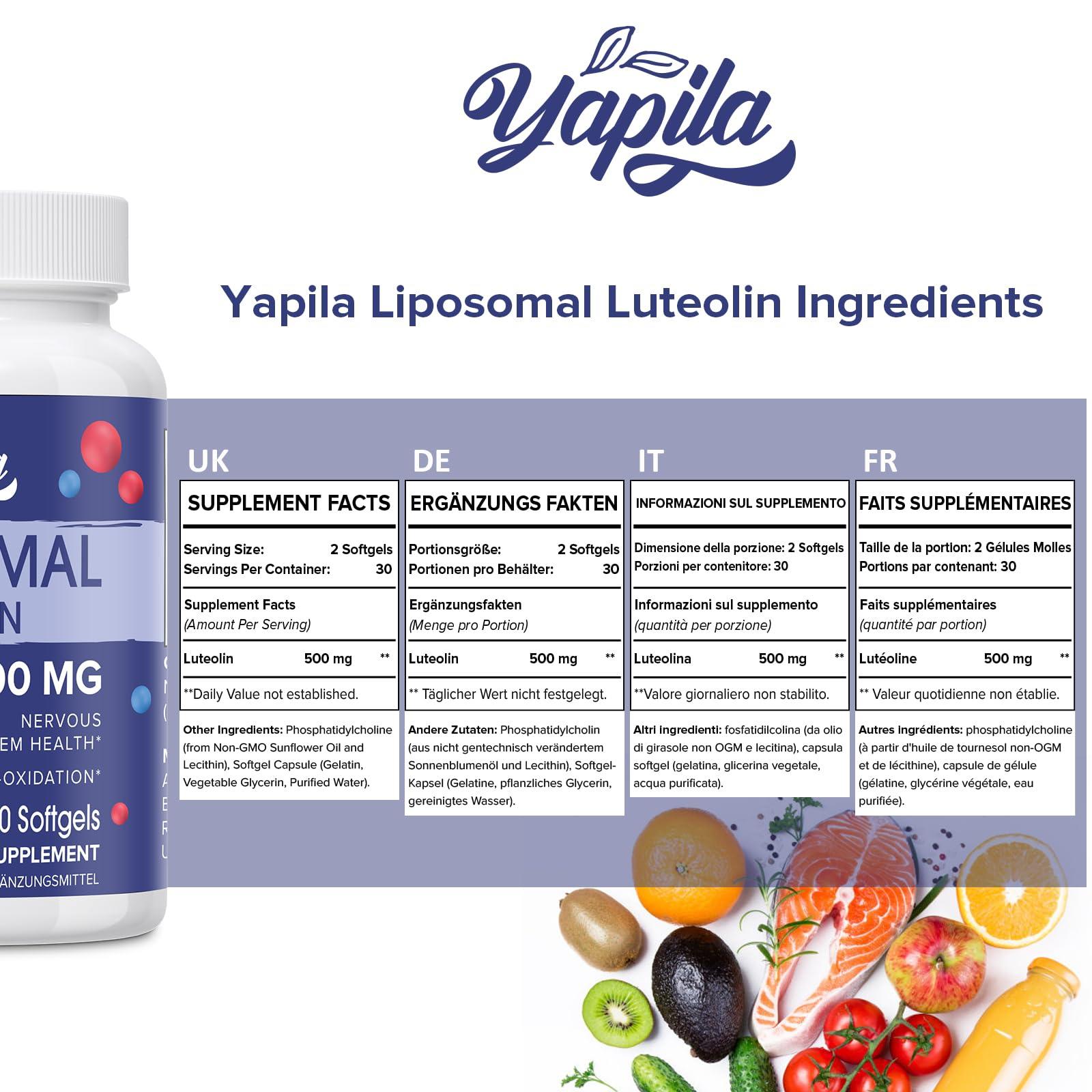 Yapila Liposomal Luteolin Capsules 500mg, Maximum Absorption, High Dose Flavonoid, Antioxidant Supplement, Soy-Free, Glute-Free, Non-GMO