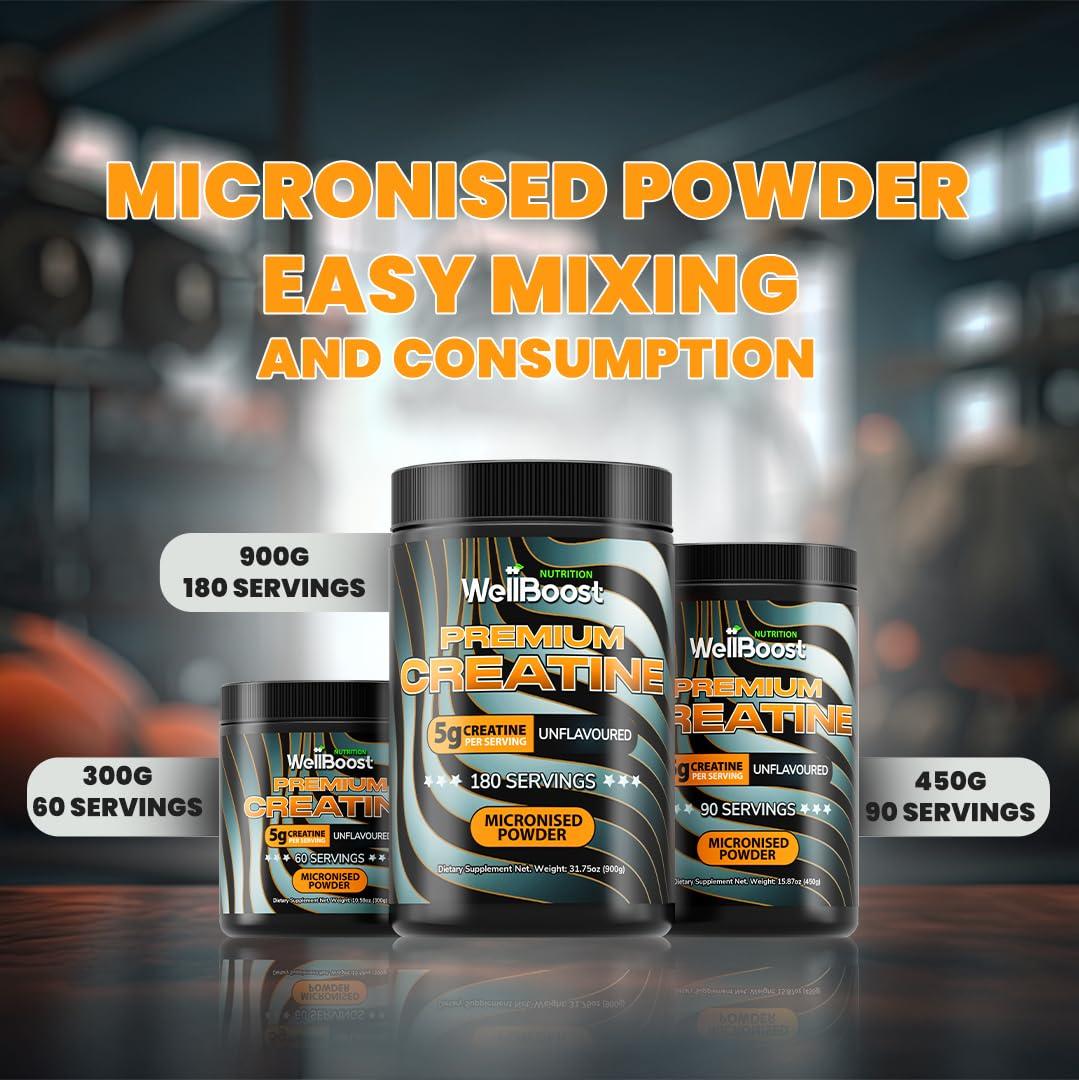 WellBoost WellBoost Nutrition Micronised Creatine Powder, 900g 100% Pure Creatine Monohydrate Powder for Performance and Muscle Power, Unflavoured Shake (180 Servings)