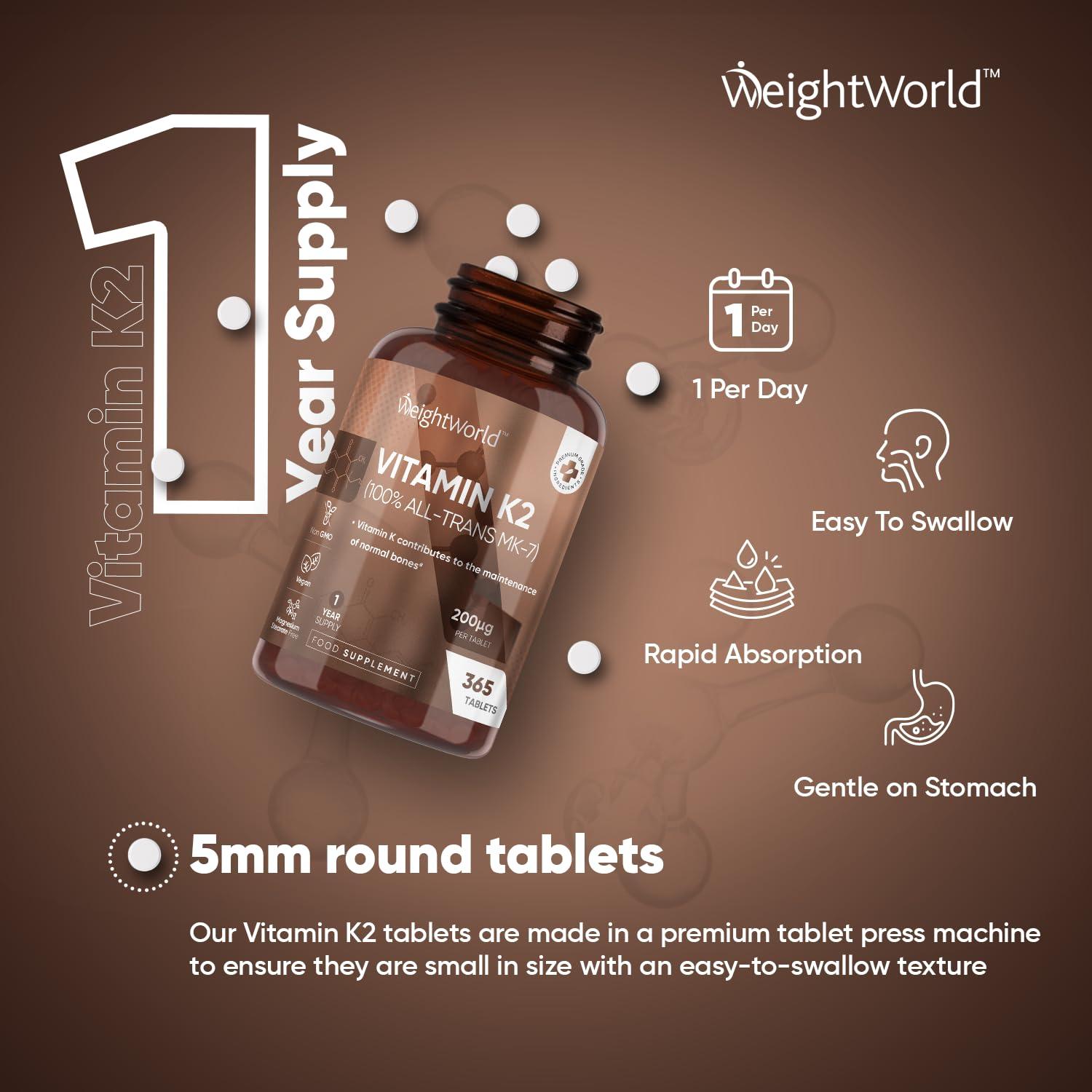 WeightWorld Vitamin K2 MK7 200mcg - 1 Year Supply - 365 Vegan K2 Vitamin Tablets (Not Vitamin K2 Capsules) - High Strength Menaquinone MK-7 - Gluten-Free K2 Vitamin Supplement for Bones