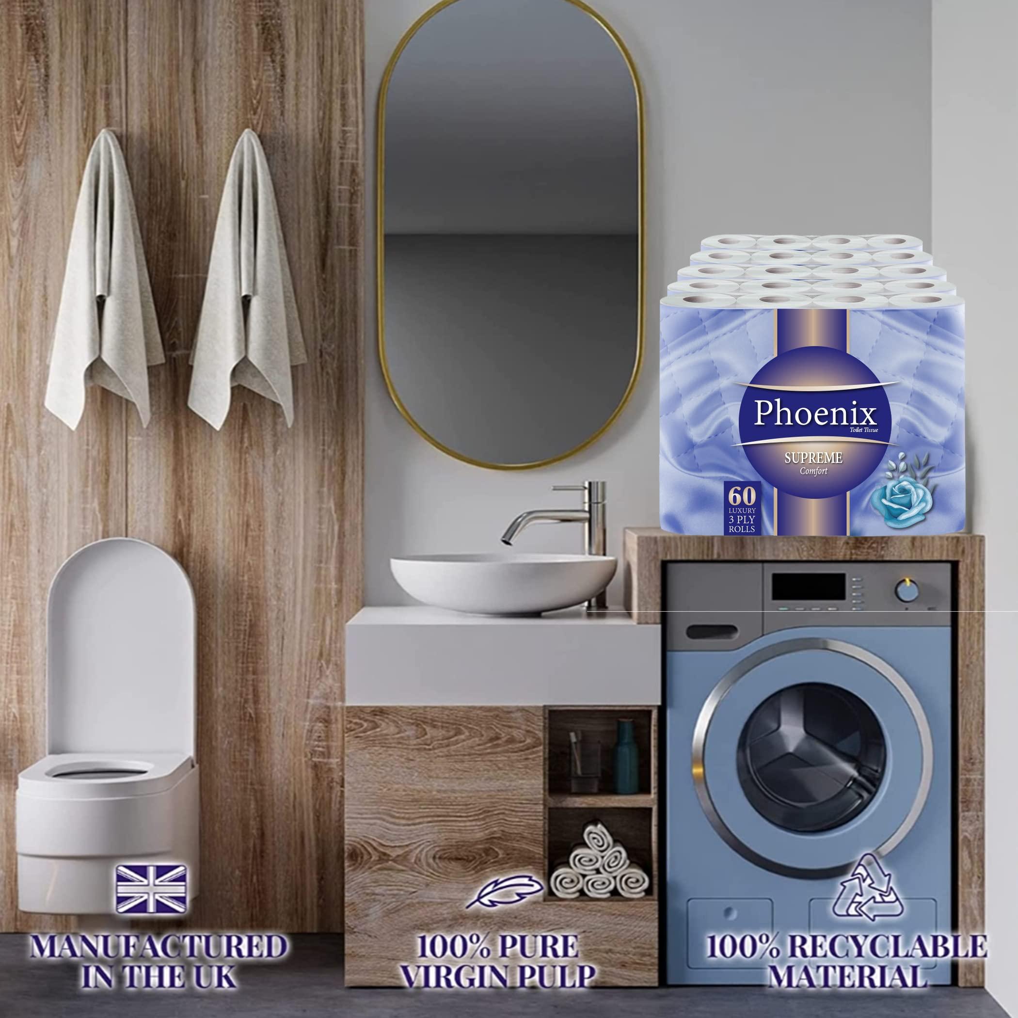 Phoenix 60 Phoenix Soft Supreme Luxury Toilet Rolls Bulk Buy - Quilted White 3 Ply Toilet Paper - Pack of 60 Toilet Tissue (12 x 5 Packs)