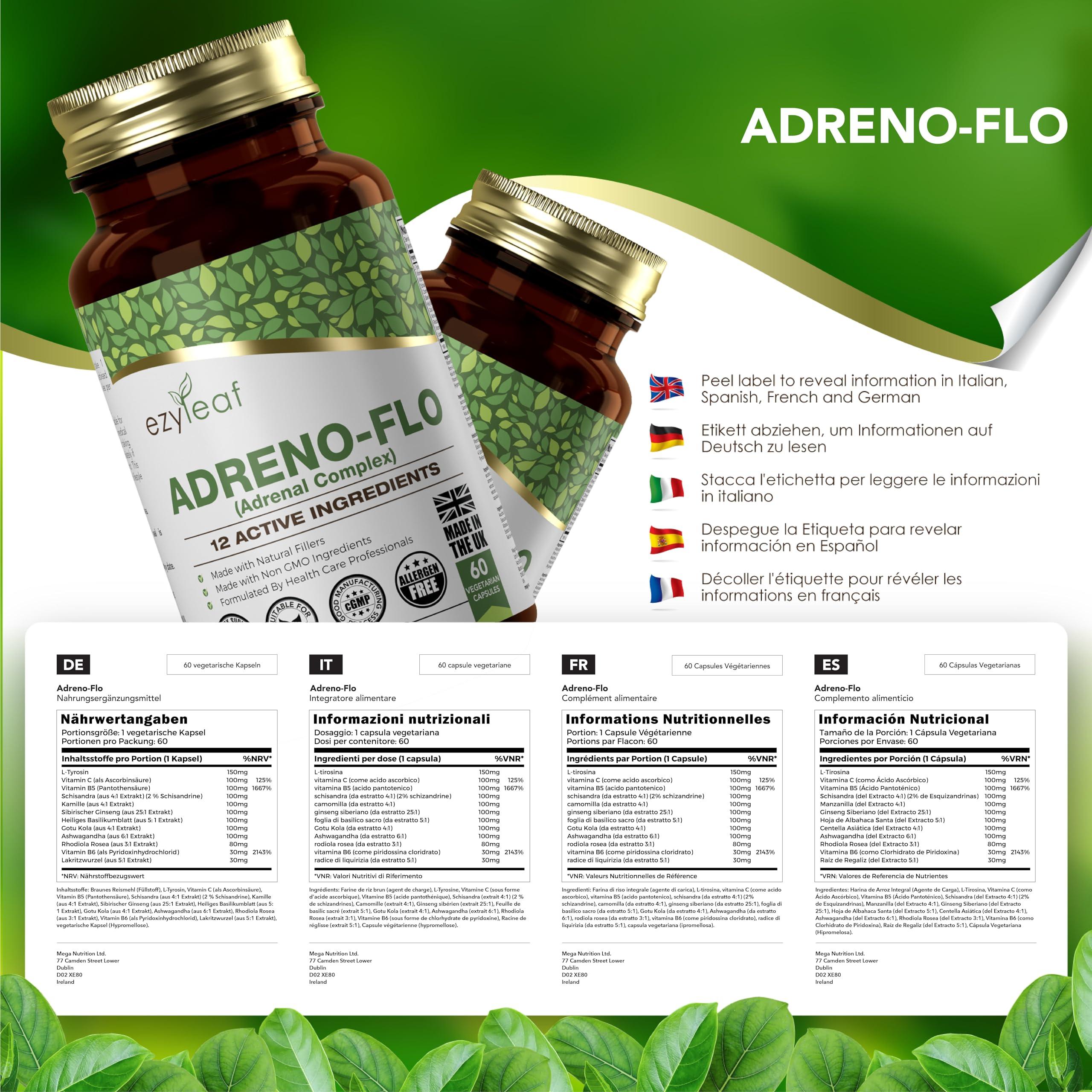 Ezyleaf Nutrition Ezyleaf Adreno-Flo | Ashwagandha Rhodiola Rosea Vitamin C | L Tyrosine Gotu Kola Liquorice Root Pantothenic Acid Ginseng Schisandra | 60 Vegan Capsules | Allergen Free, Non-GMO & UK ISO Certified