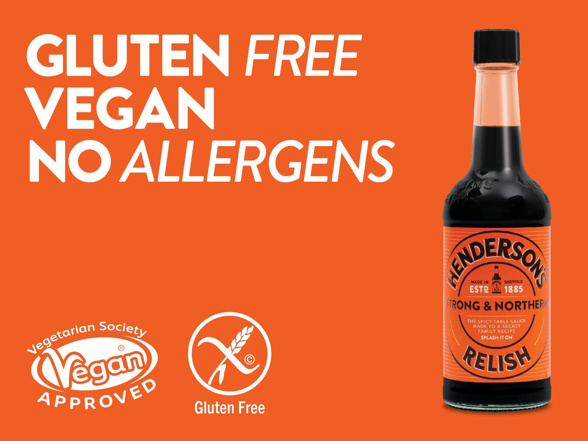 Henderson's Relish Henderson's Relish. An alternative to Worcestershire Sauce. Gluten Free Sauce. Plant Based Ingredients. Suitable for Vegans. 4.55 Litre with FREE PUMP DISPENSER