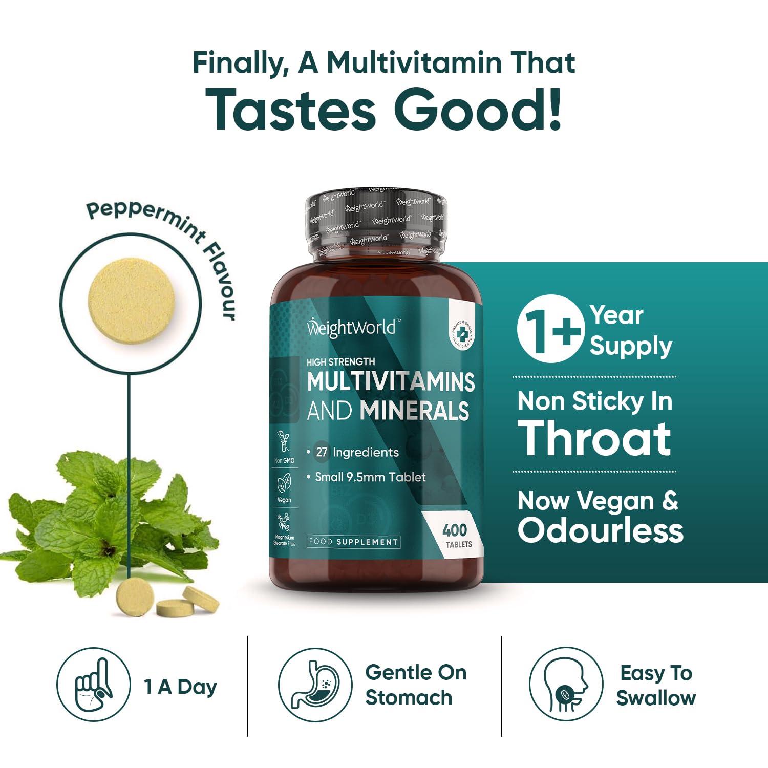 WeightWorld Multivitamin Tablets for Men & Women with 27 Active Multivitamins & Minerals Like Iron, Zinc, & Vitamin D - Peppermint Flavour 400 Micro Tablets - Vegan Multivitamins Nutritional Supplement
