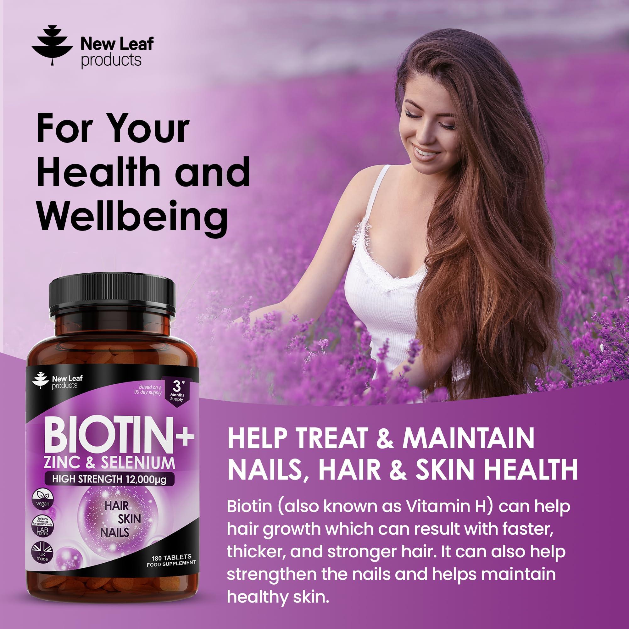 NEW LEAF PRODUCTS Biotin Hair Growth Vitamins 12,000mcg D-Biotin Tablets Enriched with Zinc & Selenium Vegan Hair Skin & Nails Vitamins for Women and Men High Strength Hair Vitamins 6 Months Supply UK Made - New Leaf