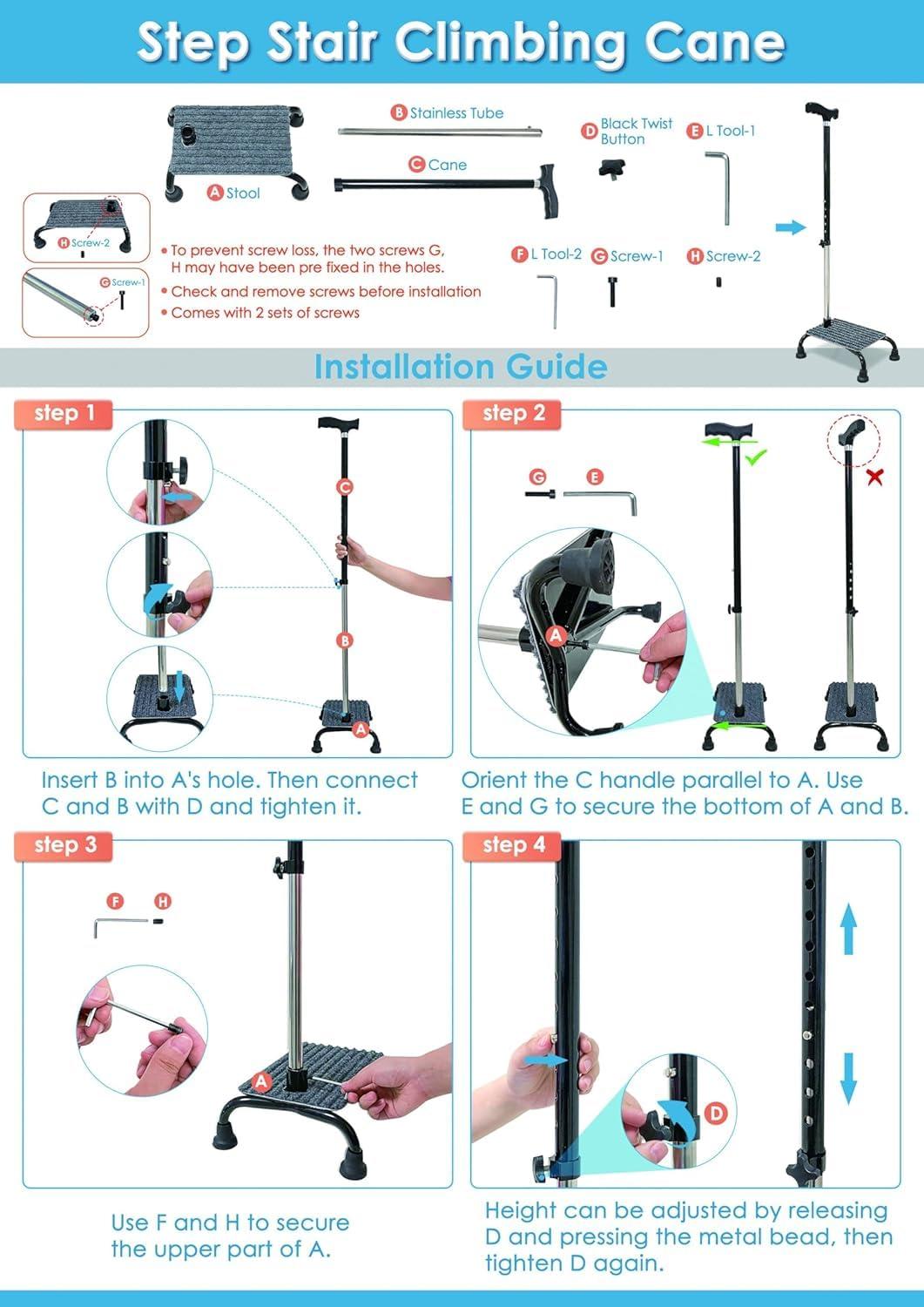 NEPPT Stair Climbing Cane Half Step Stair Walker Aid Devices Stairway Lift for Elderly Seniors Assist Helper Adjustable 4 Pronged Quad Base Balance Stability Walking Sticks