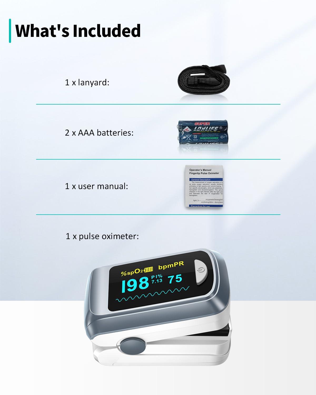 HealthTree Pulse Oximeter HealthTree Oxygen Monitor Fingertip, Bluetooth Pulse Ox with Free APP, O2 Pulse Oximeter Finger and Heart Rate Monitor, 2 X AAA Batteries, Lanyard