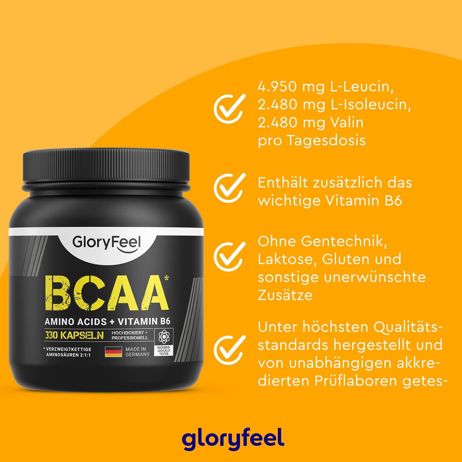 Gloryfeel BCAA 330 Capsules - Essential Amino Acids Leucine, Valine and Isoleucine Plus Vitamin B6 - Laboratory Tested and Made in Germany Without additives