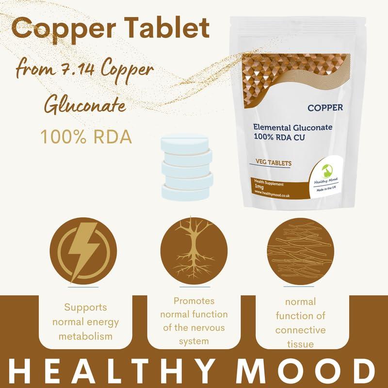 Healthy Mood Copper 1mg Tablets Elemental Gluconate CU for 100% RDA Essential Trace Mineral Supplement for Immunity & Energy