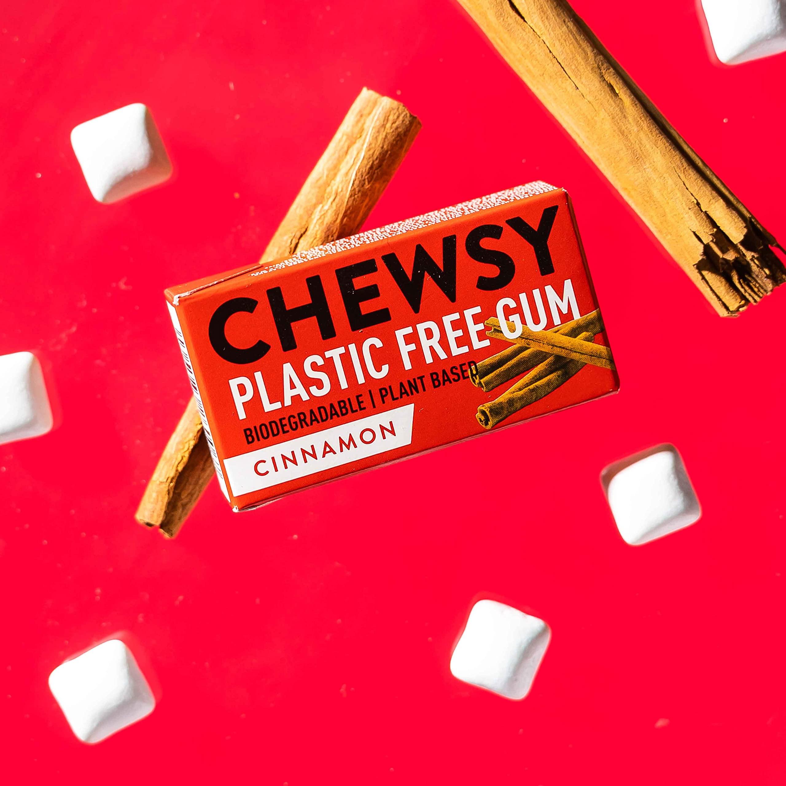 CHEWSY Chewsy Cinnamon Plastic Free Gum | Plant Based | Sugar Free | Aspartame-Free | Xylitol | Tooth Friendly | Vegan | Biodegradable | Natural Chewing Gum 12 Packs