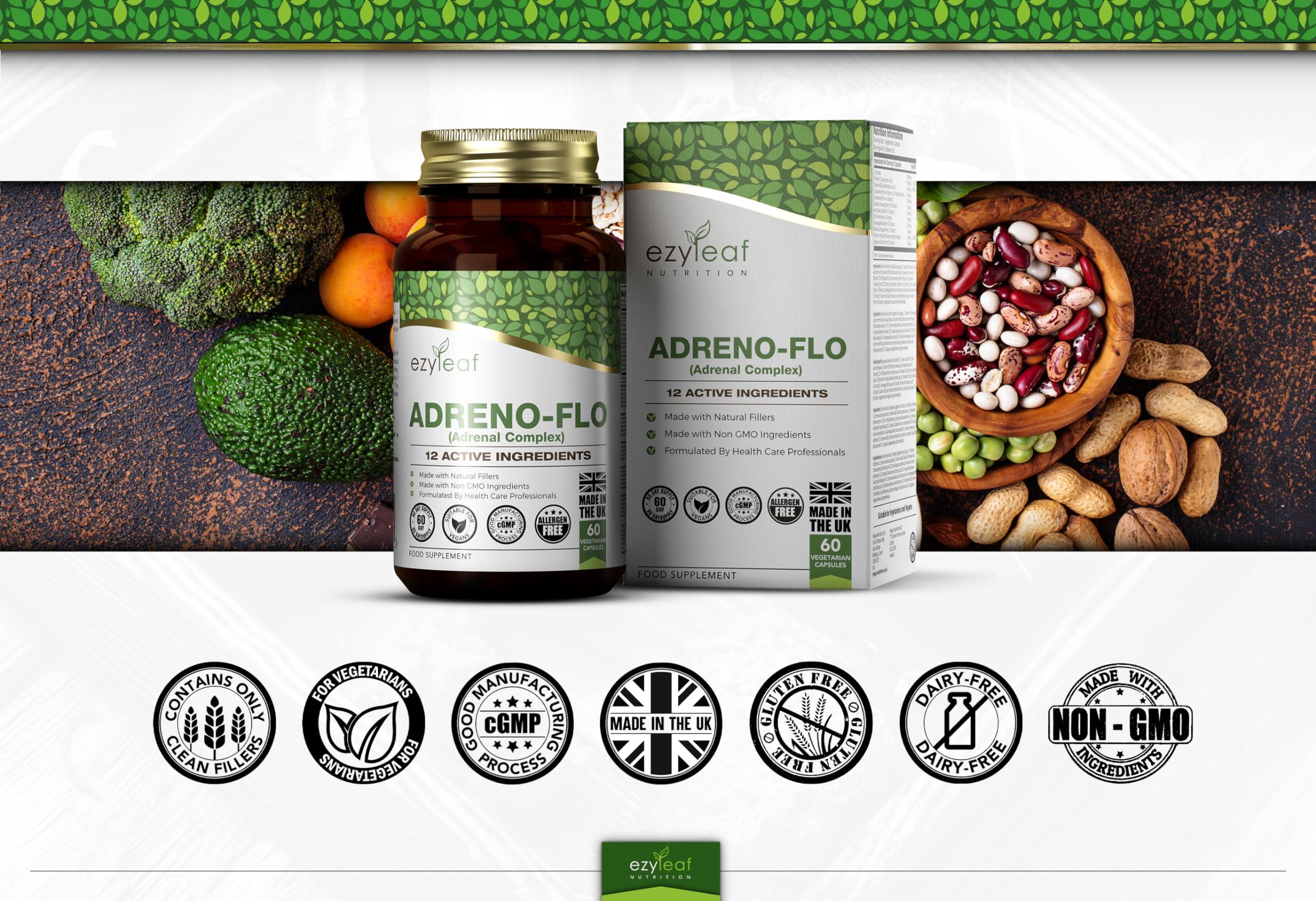 Ezyleaf Nutrition Ezyleaf Adreno-Flo | Ashwagandha Rhodiola Rosea Vitamin C | L Tyrosine Gotu Kola Liquorice Root Pantothenic Acid Ginseng Schisandra | 60 Vegan Capsules | Allergen Free, Non-GMO & UK ISO Certified