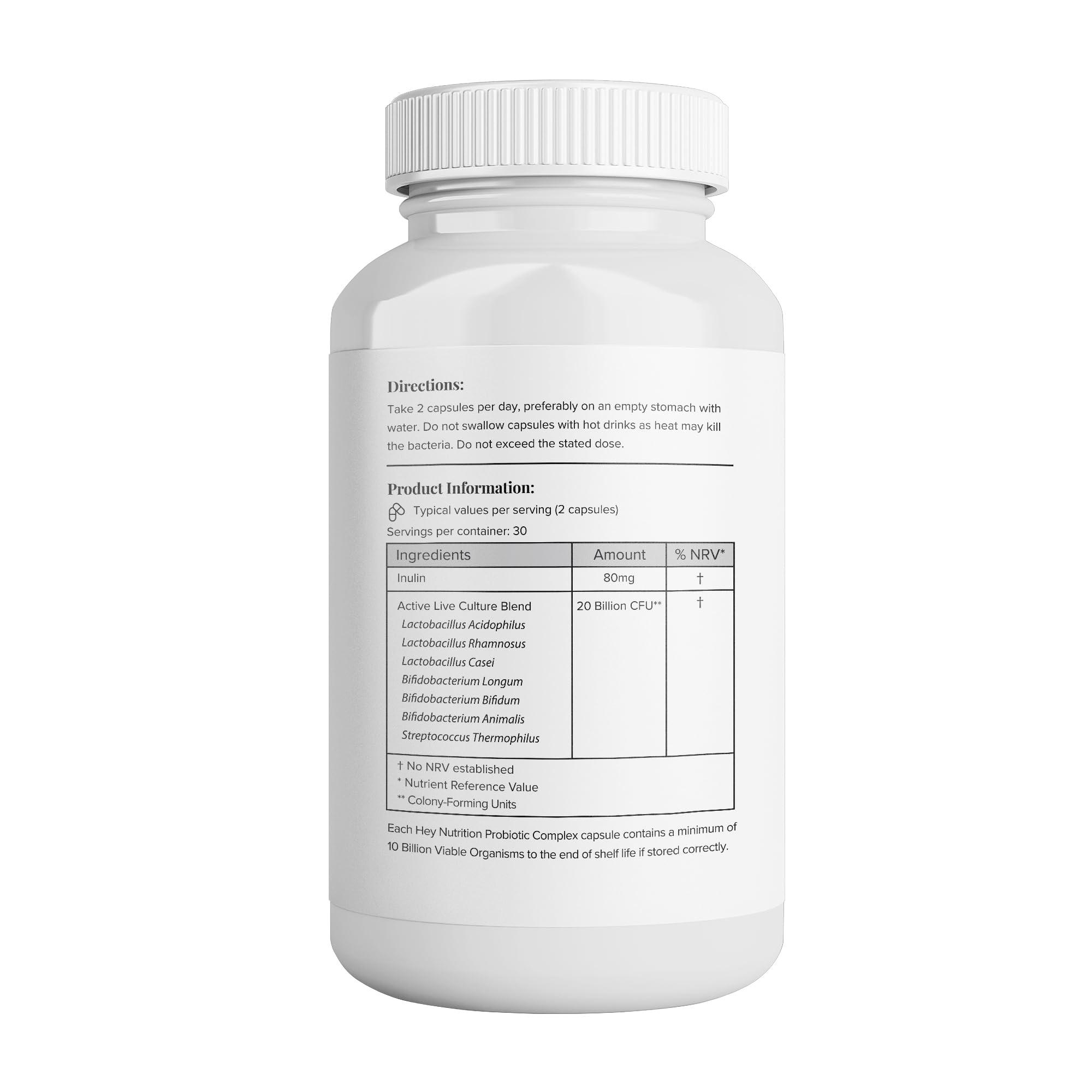 Hey Nutrition Hey Nutrition Probiotic Complex Supplement - 20 Billion CFU - Suitable for Vegetarians & Vegans - Supports Gut & Skin Health, Improves Immune Response - UK Manufactured - 3 Pack - 180 Vegan Capsules