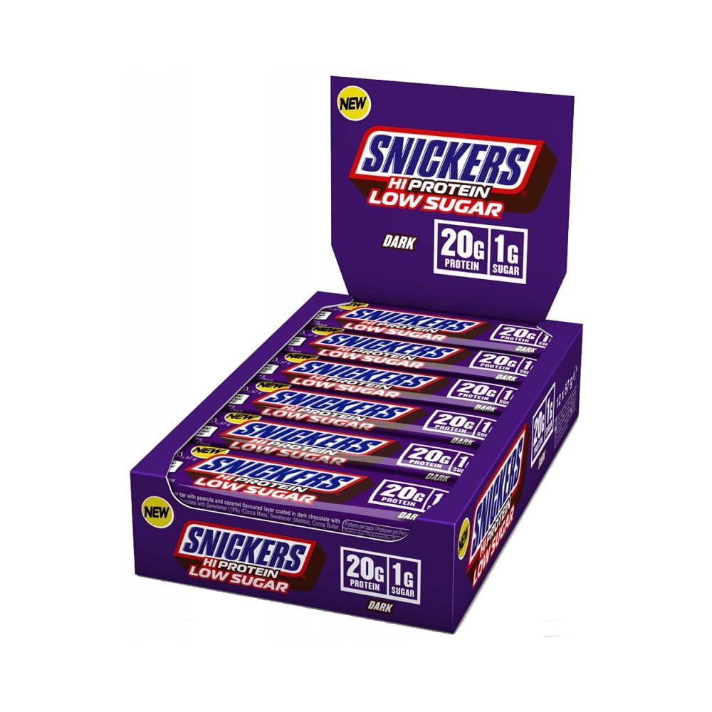 Snickers Snickers HI Protein, Low Sugar Bars, Only 1g of Sugar per bar - Dark Chocolate, 12 x 57g Box, 20g Protein