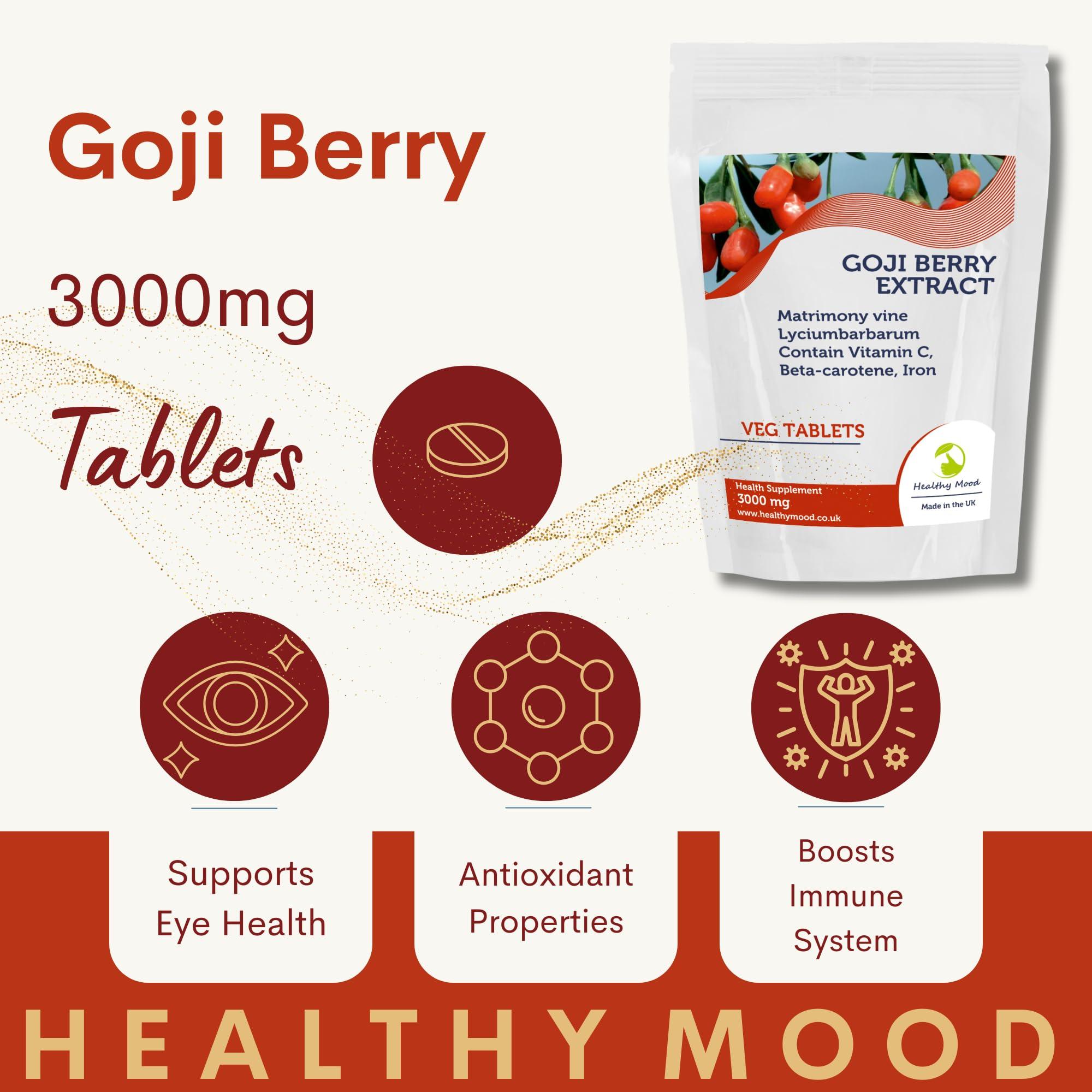 Healthy Mood Goji Berry 60 Tablets High Strength Antioxidant Supplement for Immune Support, Energy & Skin Health 100% Natural