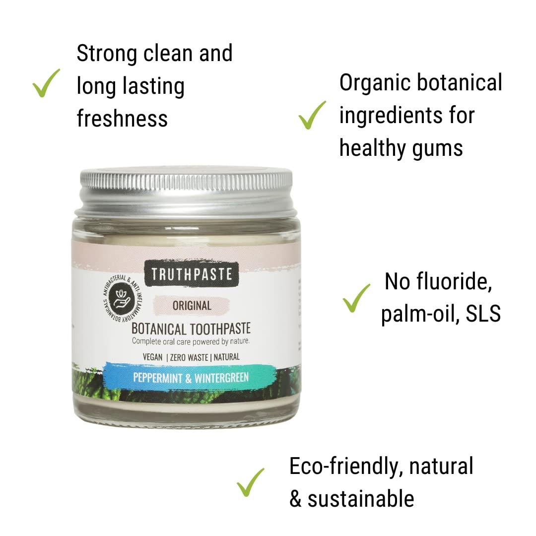 TruthPaste TRUTHPASTE Original Natural Zero Waste Toothpaste. Eco Friendly & Plastic Free. Vegan. Fluoride Free, SLS Free. with neem & Aloe Vera. Suitable for Sensitive Teeth. (Peppermint & Wintergreen 100ml)