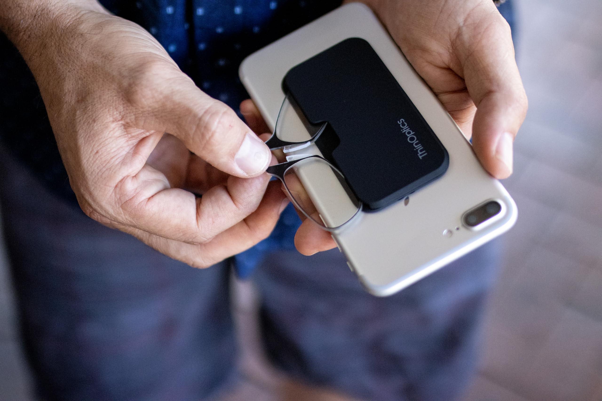 ThinOptics ThinOptics Reading Glasses 1.50 Black Frames with Colour Burst Universal Pod Compact Case - Ultra-light Foldable Rectangular Glasses - Clip-on Nose - 1.50 Strength with Flex-Fit Technology