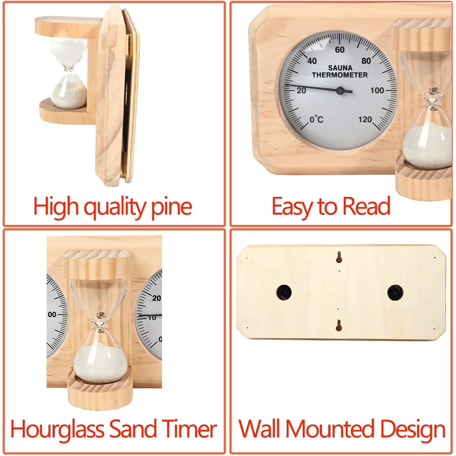 ikare ikare Sauna Thermometer and Hygrometer - 3 in 1 Wooden Sauna 15 Minute Hourglass Sand Timer, Wall-Mounted Sauna Room Accessories