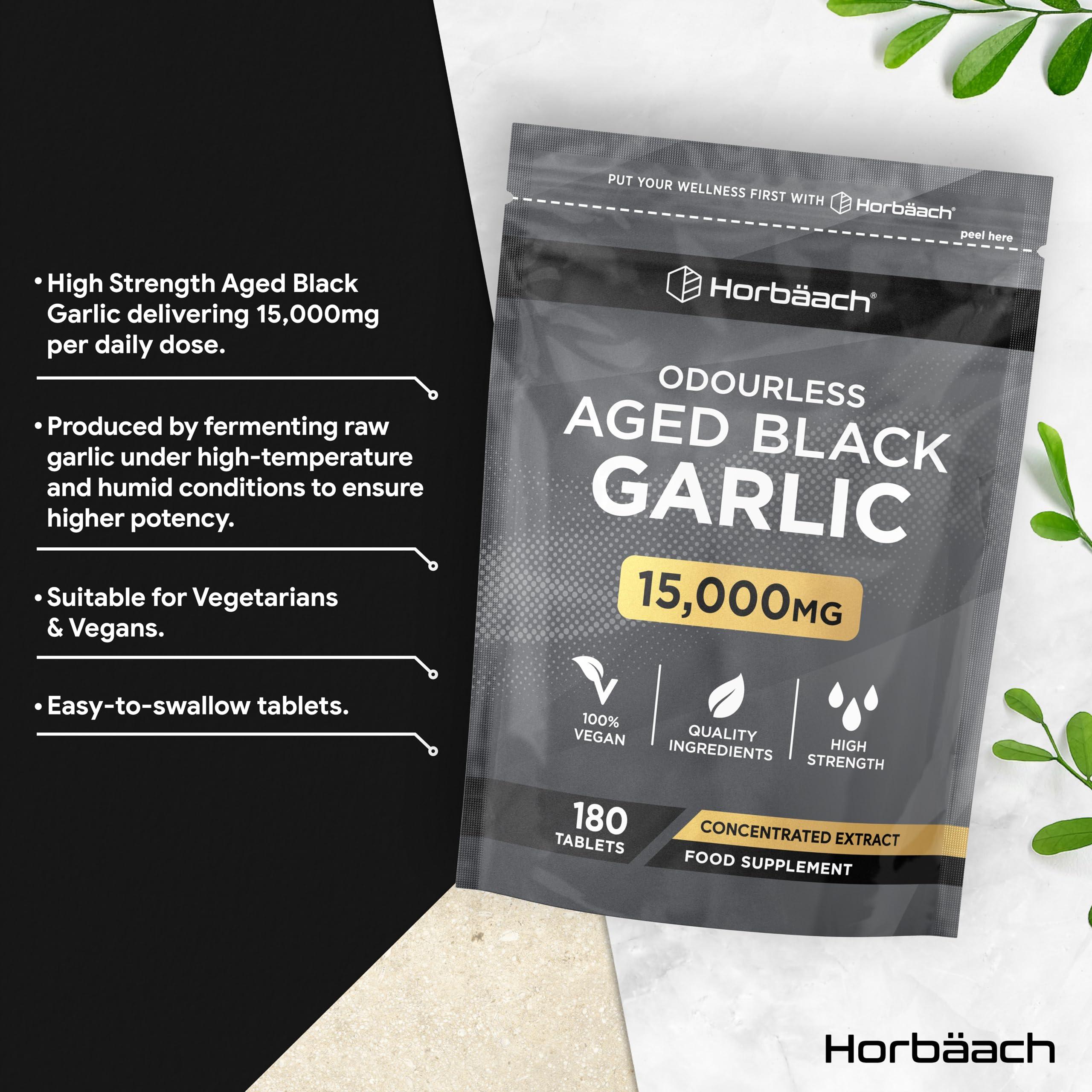 Horbach Black Garlic Tablets 15000mg | 180 Count | High Strength Odourless Concentrated Garlic Extract | Aged Black Garlic Vegan Supplement | by Horbaach