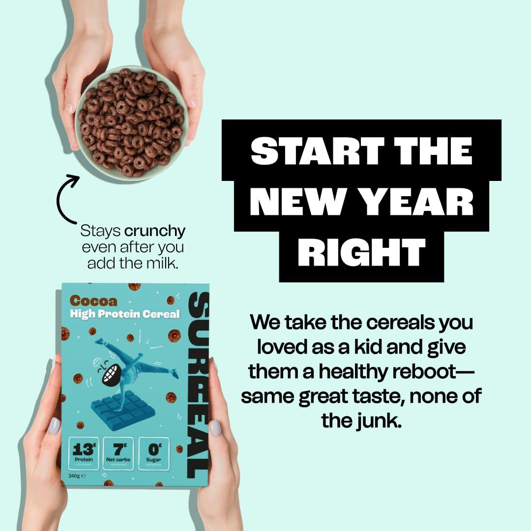 Surreal Surreal Cocoa - High Protein Cereal 6 Pack - Zero Sugar- Healthy Plant Based Cereal - High in Fibre - Low Carb - Gluten Free - Vegan - 13g of Protein, 0g of Sugar - 240g per Box