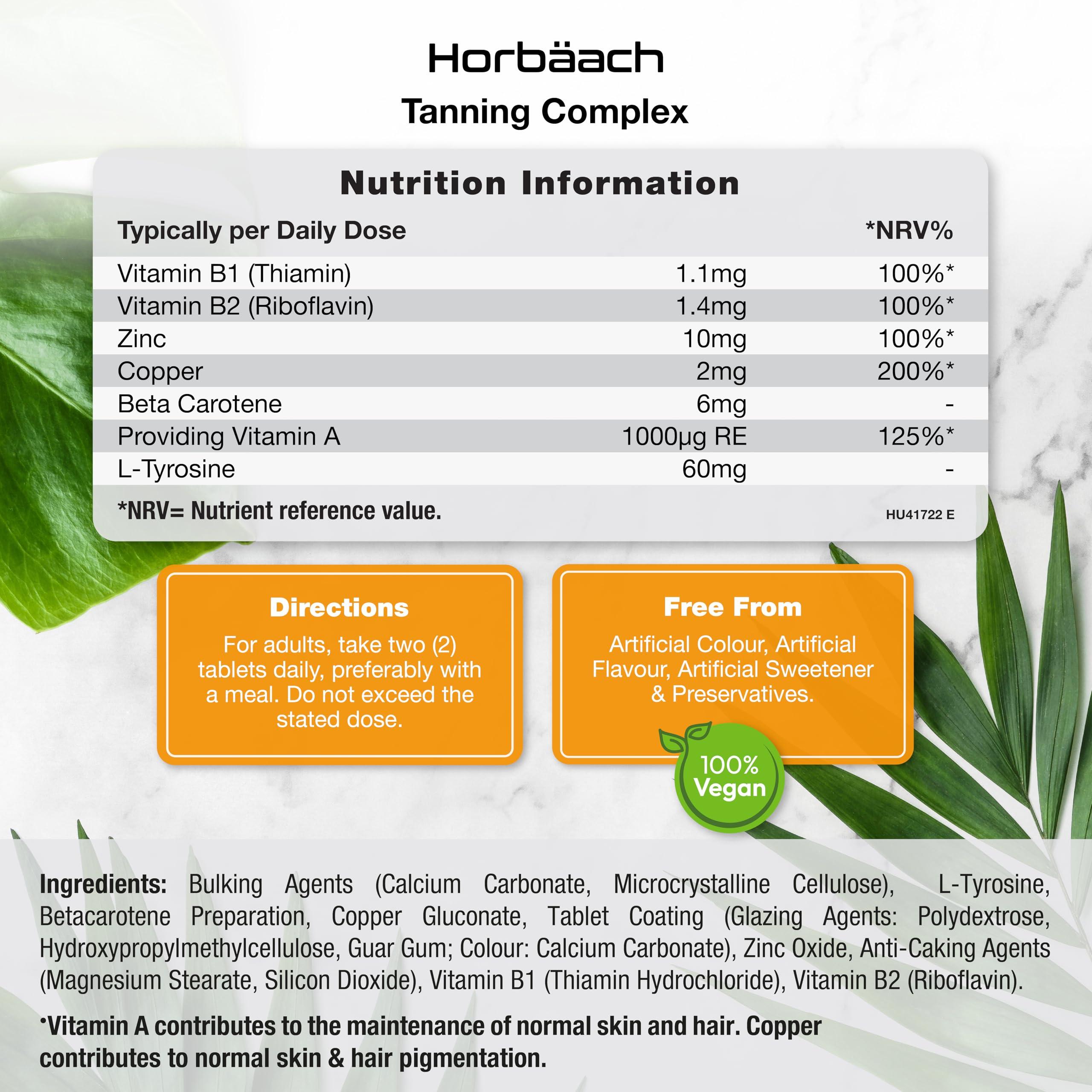 Horbach Beta Carotene Tanning Tablets | Supplement with L-Tyrosine, Copper, Vitamin B1 & B2, Zinc & Vitamin A | 120 Vegan Tablets | by Horbaach