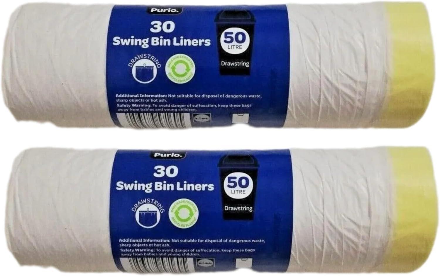 Purio. Lidl Purio - 30 Swing Bin Liners | 50 Litres | Drawstring Bag | 76cm x 63cm | x 3 [TRIPLE PACK]