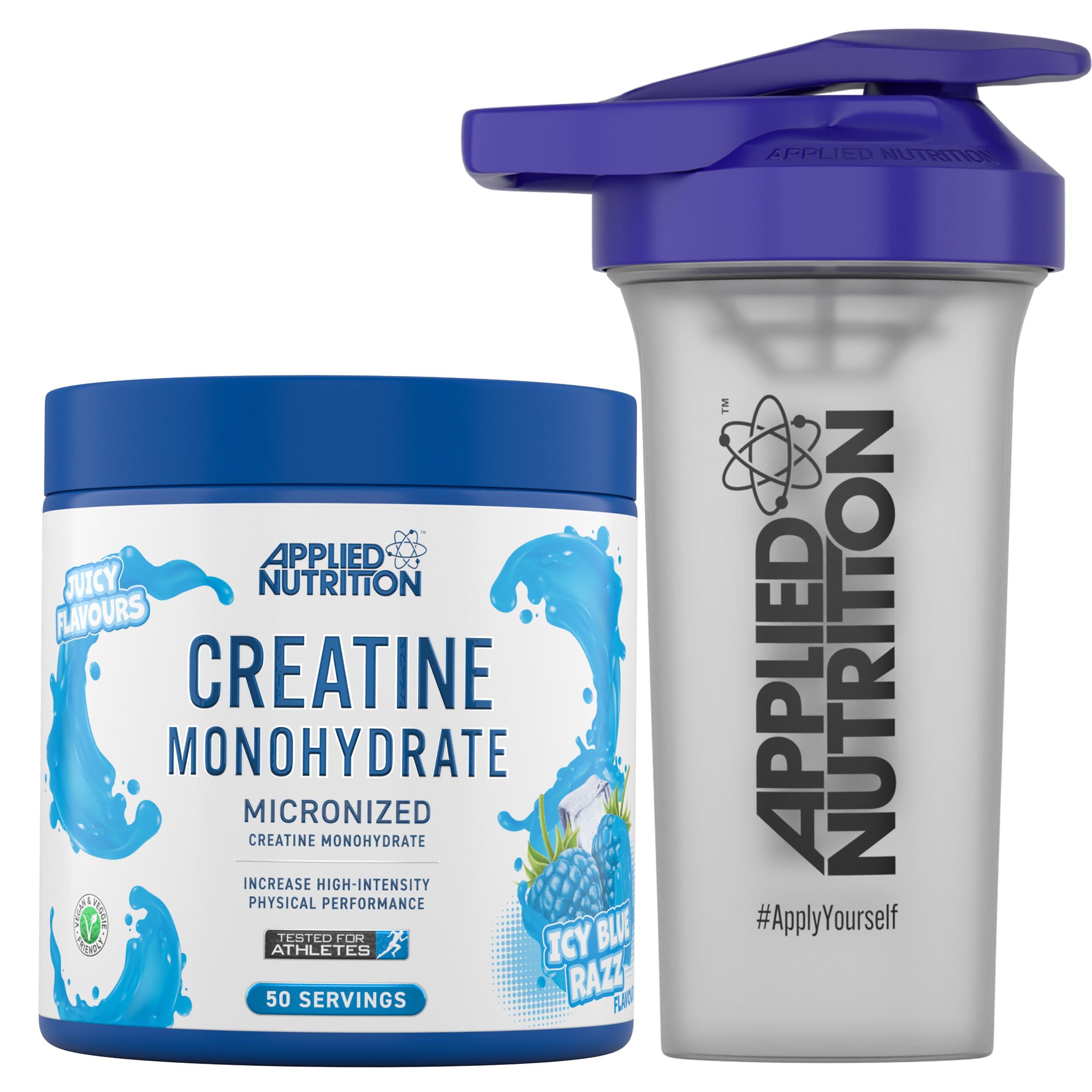 Applied Nutrition Applied Nutrition Creatine + 700ml Shaker | Creatine Monohydrate Micronized Powder with Flavour, Increases High-Intensity Physical Performance (250g - 50 Servings) (ICY Blue Razz)