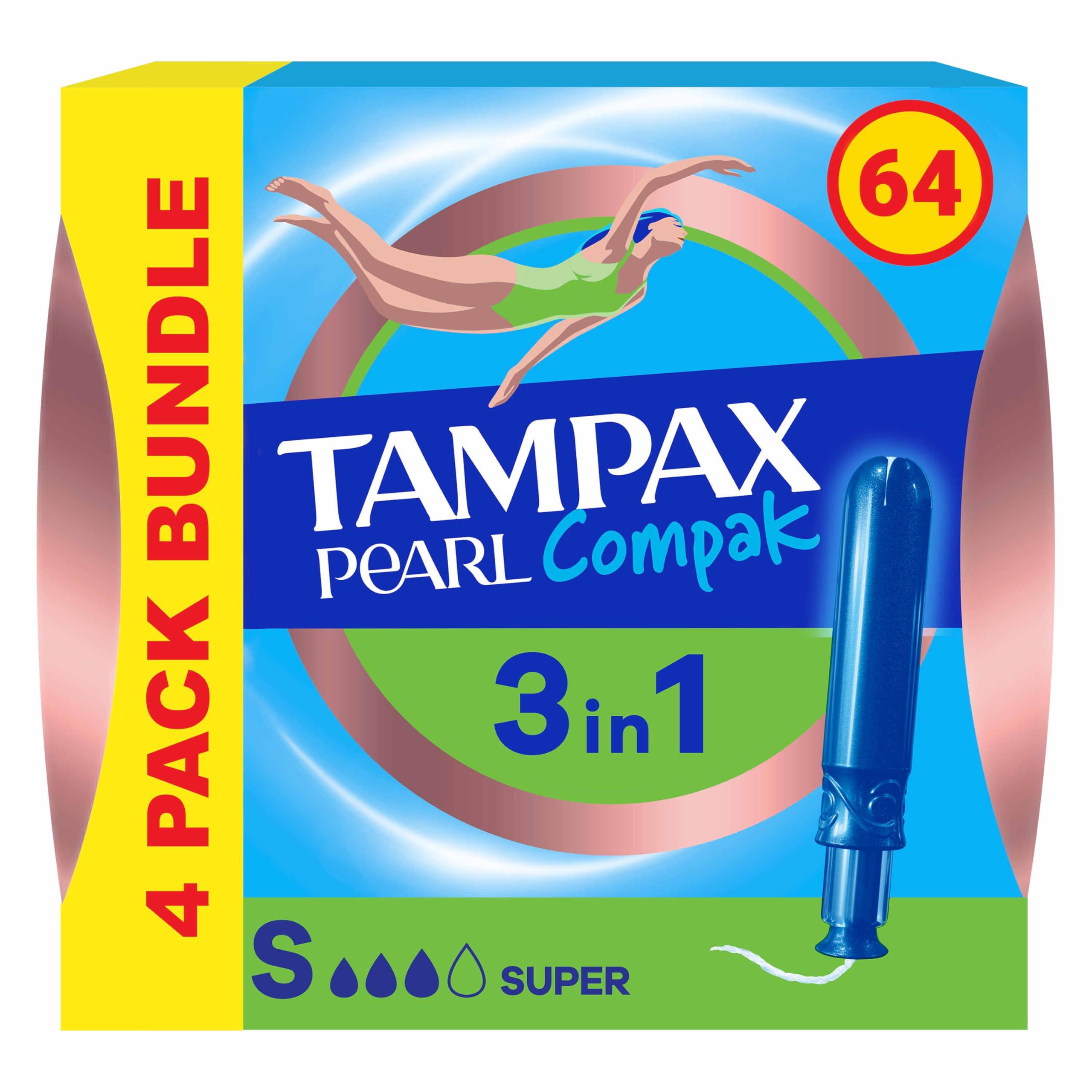 Tampax Tampax Compak Pearl Tampons, Super With Applicator, 64 Tampons (16 x 4 Packs), Leak Protection And Discretion