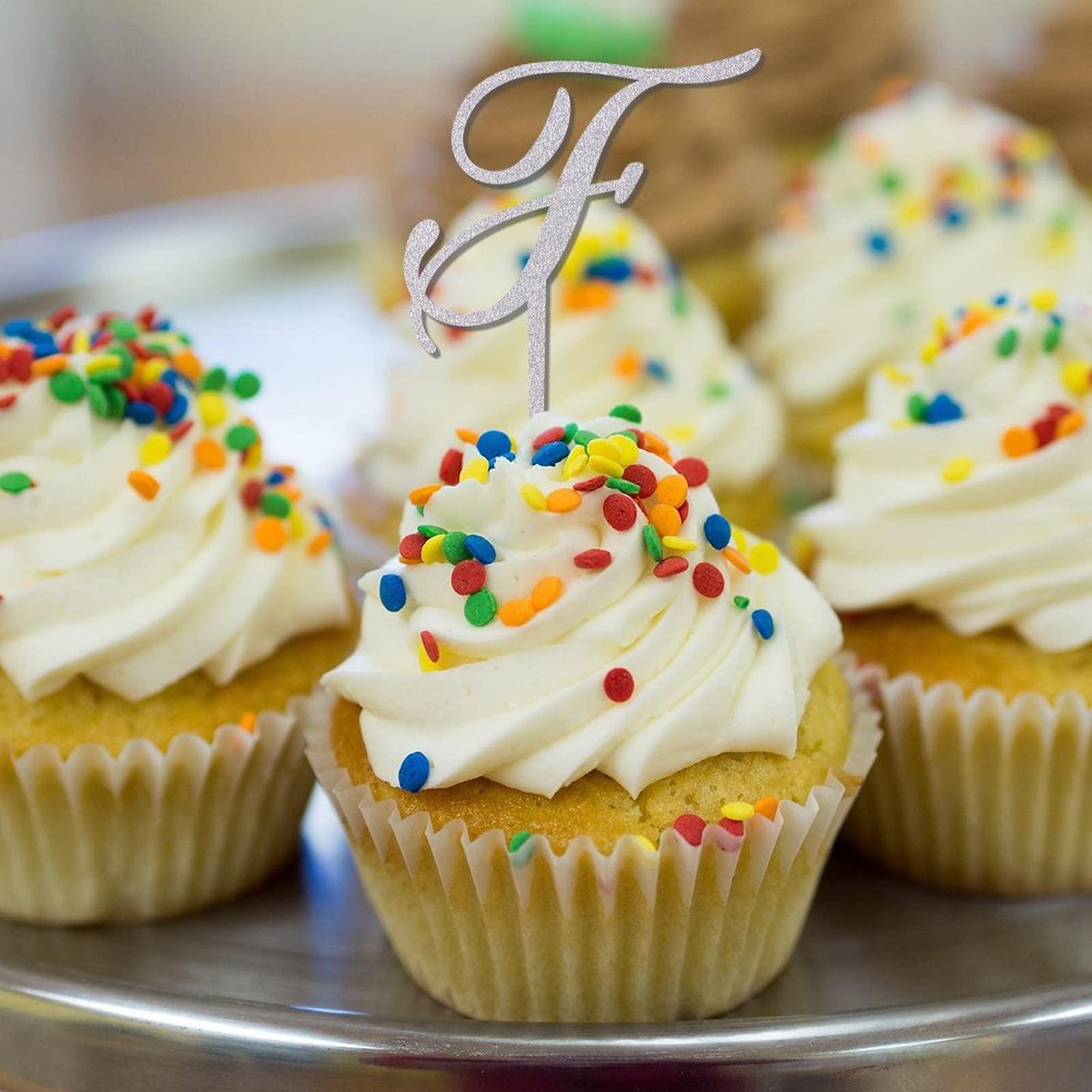 CustonCares Letter F Wedding Cupcake Toppers Monogram Initial Last Name Glitter Silver For Wedding Bridal Shower Party Decor Rustic Antlers Arrow Flower Rose Personalized 26Letters Bachelorette Gifts 24PCS