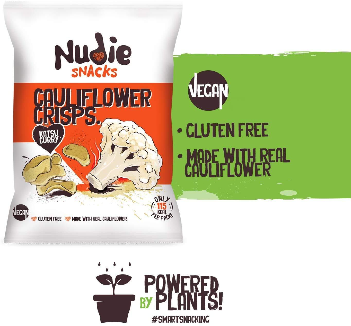 Nudie Snacks Healthy Snacks - Cauliflower Crisps by Nudie Snacks - Perfect Snack food for Kids Lunchboxes and Health Conscious Adults - 100% Vegan + Gluten Free - Katsu Curry (80g Sharing Bags)