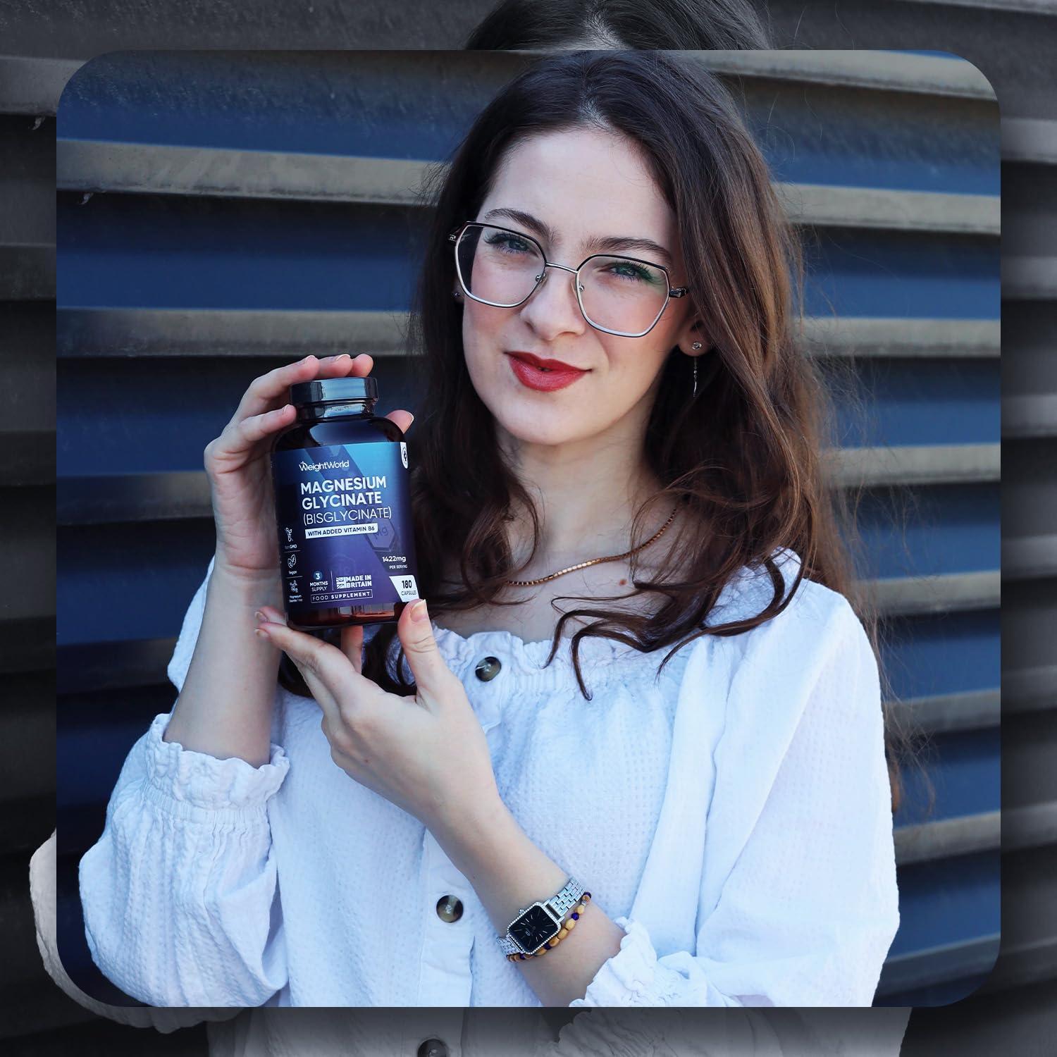 WeightWorld Magnesium Glycinate with Vitamin B6-1420mg Pure Magnesium Bisglycinate Powder Capsules - 180 Magnesium Bisglycinate Capsules - 3 Months Supply - High-Strength Magnesium Supplements