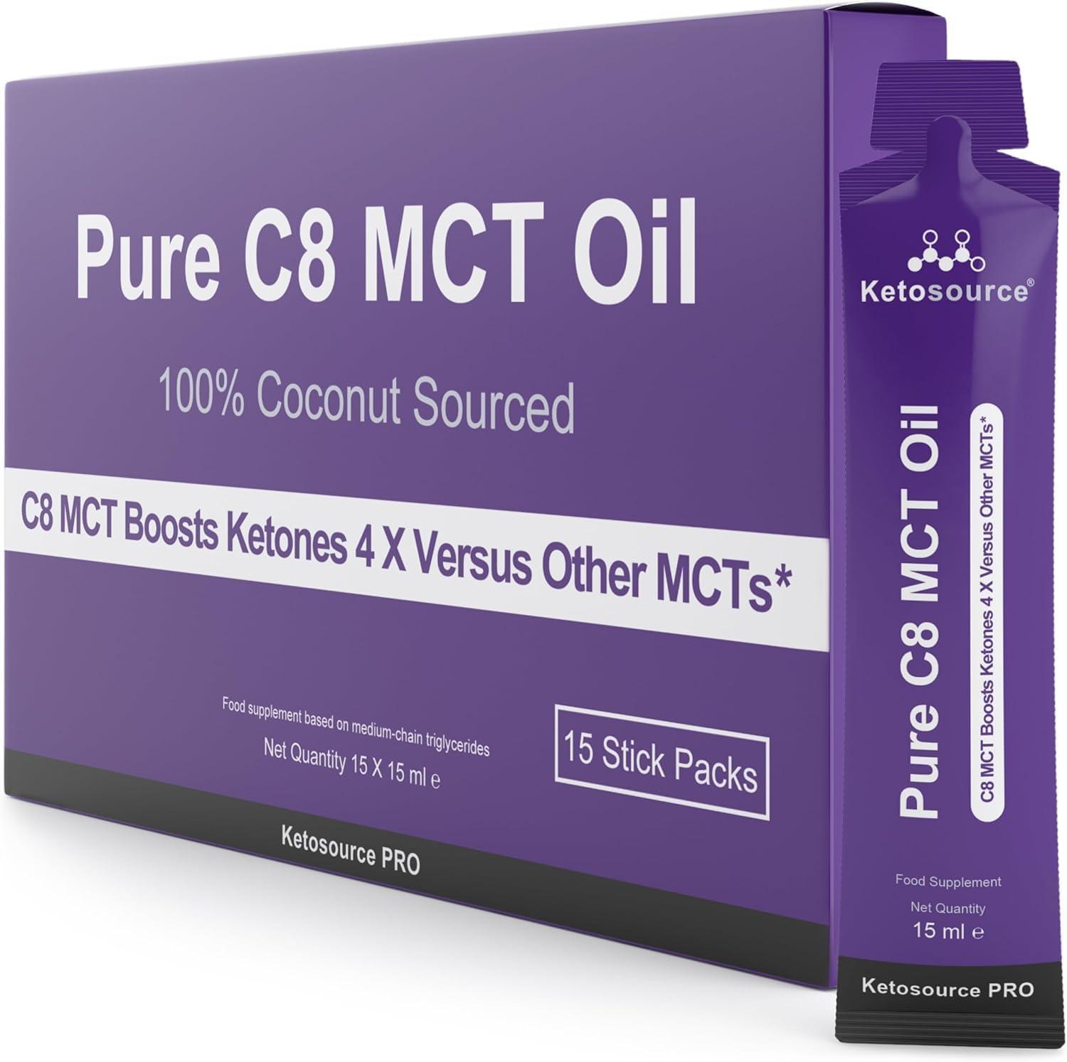 Ketosource Pure C8 MCT Oil Packets - Boosts Ketones 4X Versus Other MCTs - Highest 99%+ Purity - 100% Coconut Sourced - Lab Tested Purity - Box of 15 X 15 ml MCT Oil Sachets - Ketosource
