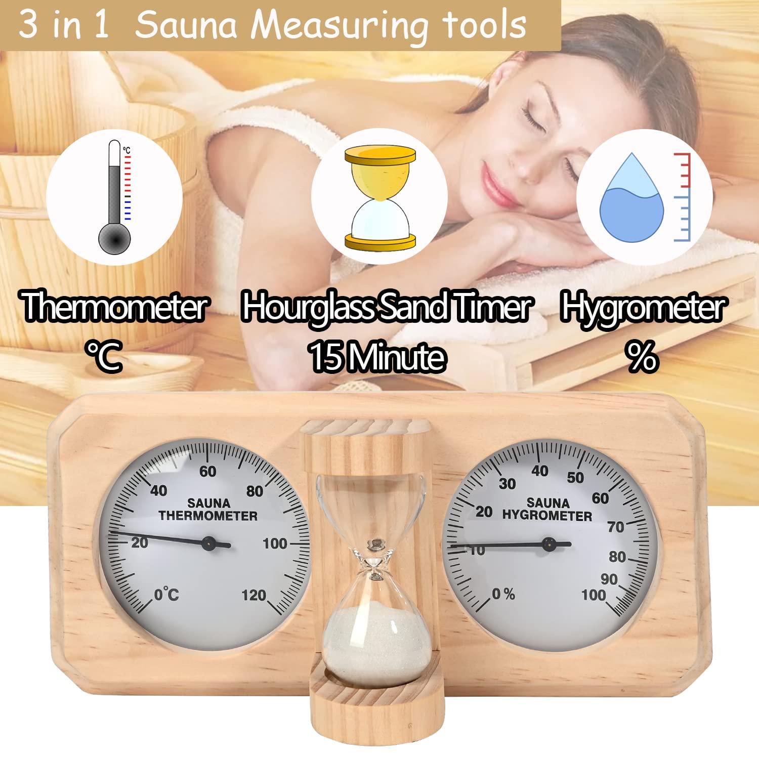 ikare ikare Sauna Thermometer and Hygrometer - 3 in 1 Wooden Sauna 15 Minute Hourglass Sand Timer, Wall-Mounted Sauna Room Accessories