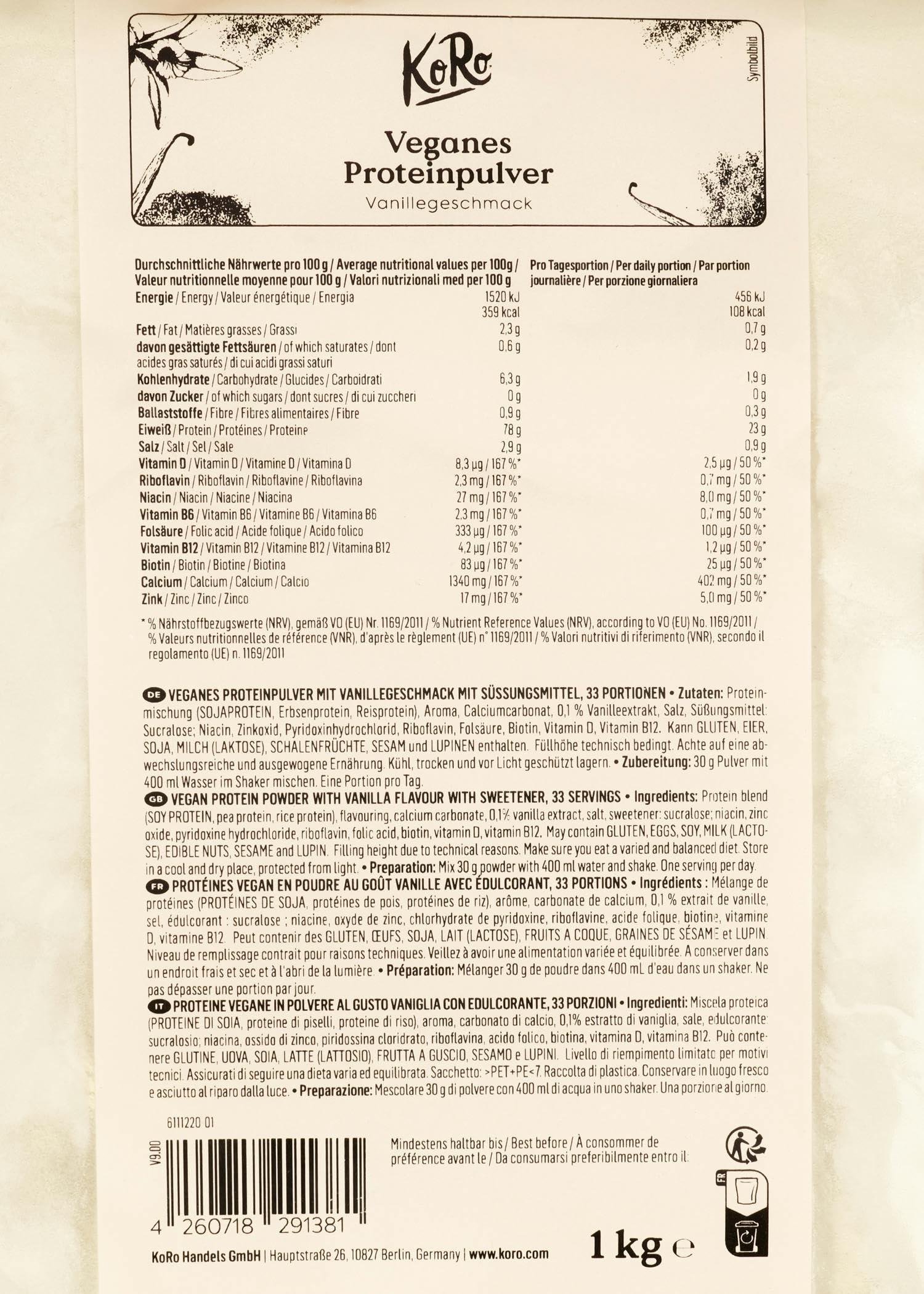 KoRo KoRo - Vegan Vanilla Flavoured Protein Powder 1kg