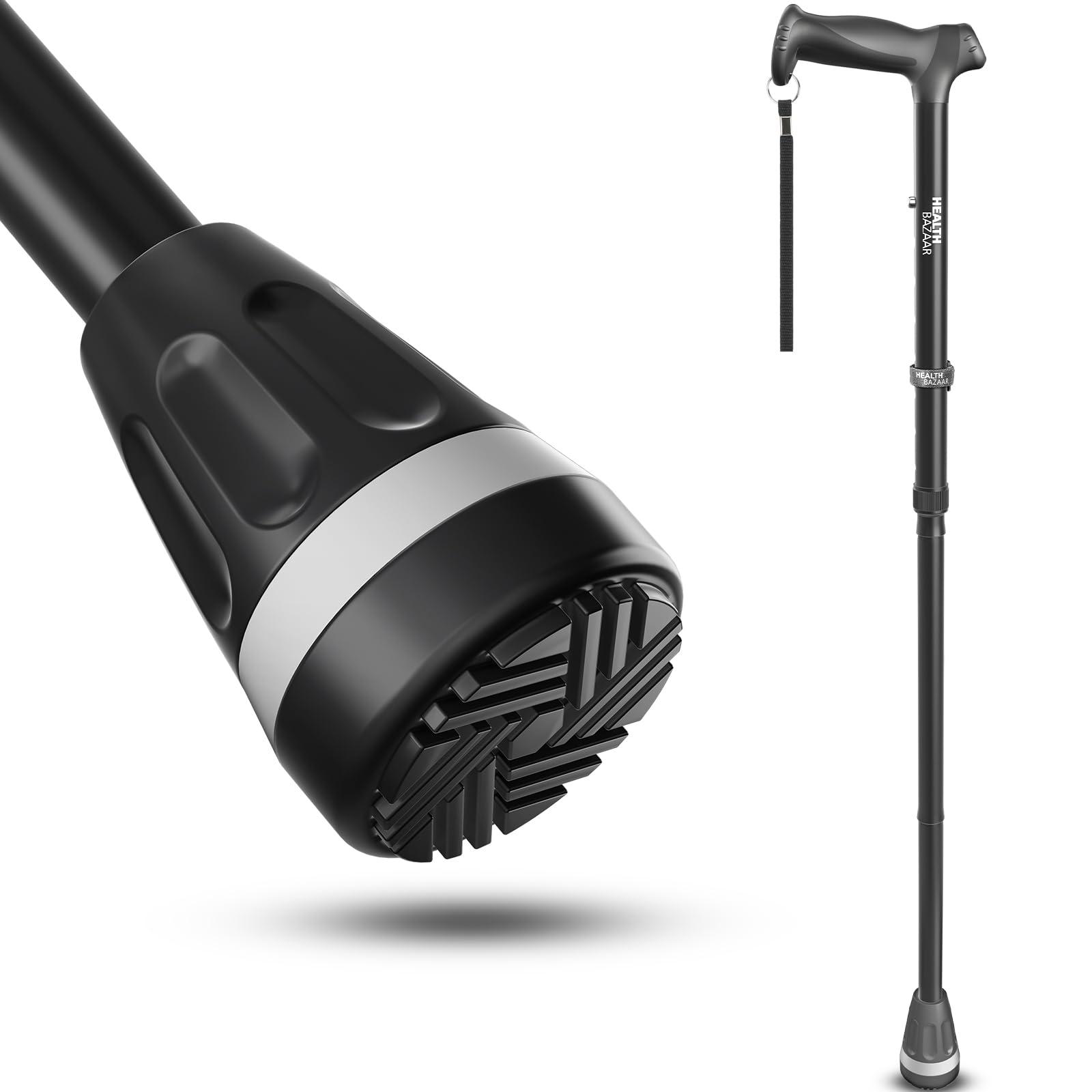 HEALTHBAZAAR HEALTHBAZAAR All Terrain Walking Cane for Men & Women, Lightweight, Foldable, Adjustable, Shock Absorption, Collapsible Walking Stick for Seniors & Adults | HealthBazaar (Black)