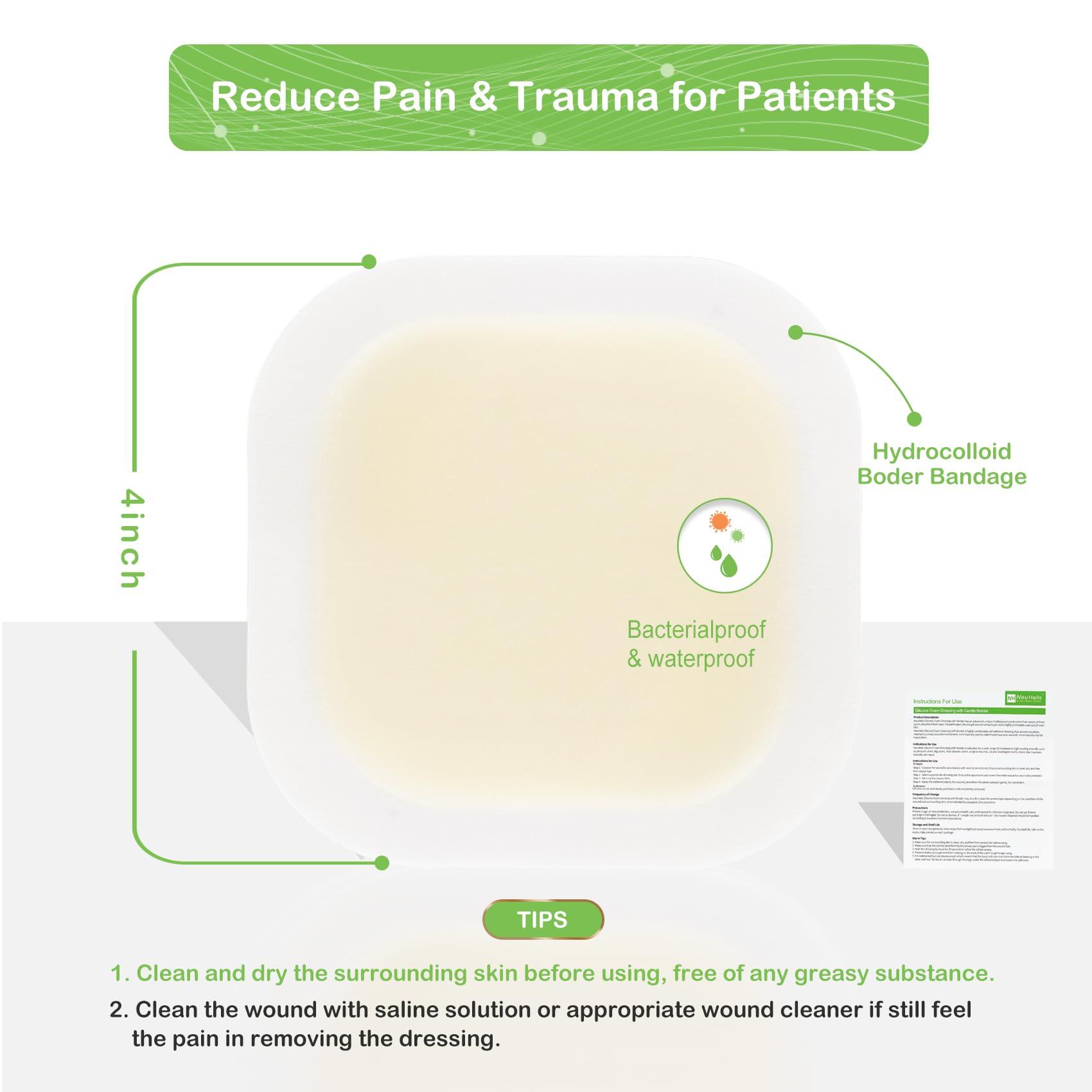 NEUHEILS Hydrocolloid Bandages Hydrocolloid Wound Dressing with Border 4''x4'' for Light to Medium Exudate Wounds, Bed Sore, Pressure Ulcer, Minor Burns, Abrasions, Cuts, Superficial Wound 10 Packs by NeuHeils