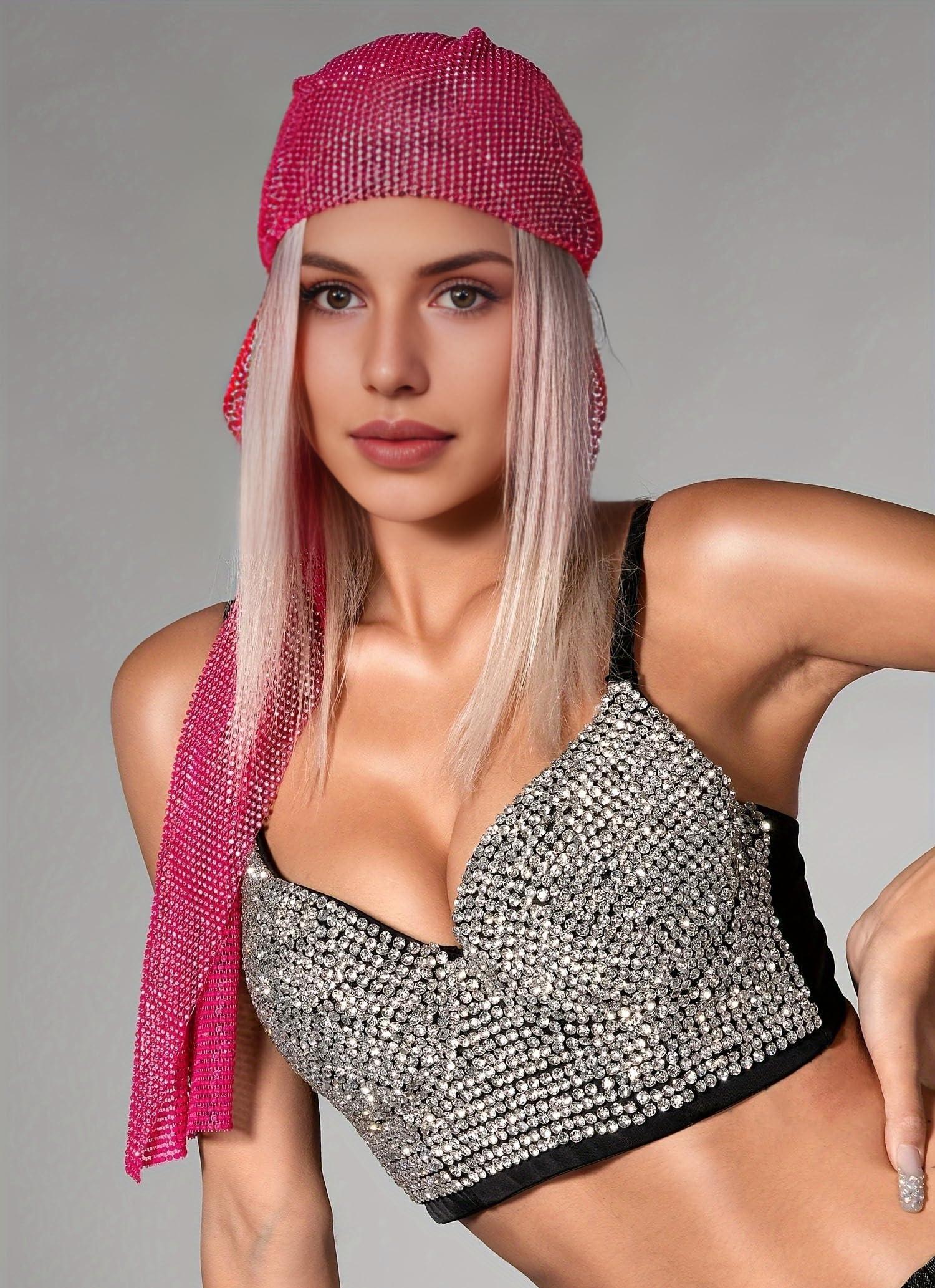 atokiss atokiss Women's Handmade Rhinestone Shining Diamond Push up Bustier Club Party Bra Cropped Top Vest (Black Silver Bottom, Small)