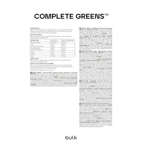 Bulk Bulk Complete Greens Powder, Blend of 8 Super Greens, High Fibre, High Dosage, Daily Vitamins, Spirulina, Chlorella, Mixed Berry, 500 g, 55 Servings, Packaging May Vary