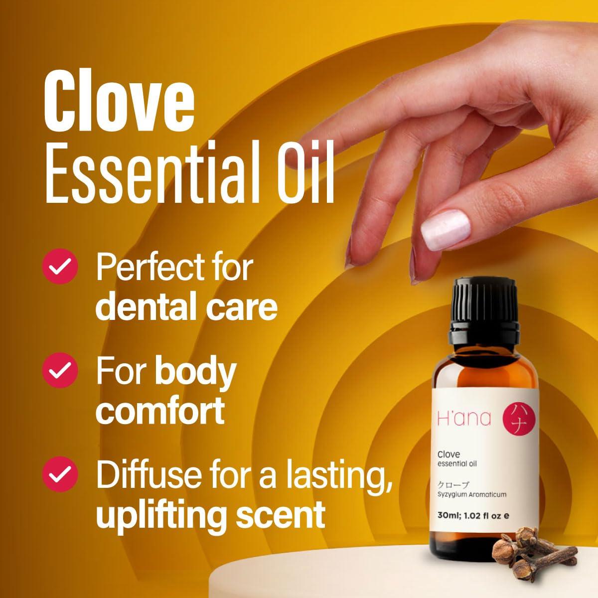 H'ana Hana Clove Oil for Tooth Aches & Pain Relief - 100% Pure and Natural Clove Essential Oil - Therapeutic Grade Clove Oil Essential Oil - Clove Oil for Hair Growth, Skin, Teeth & Gums (30ml)