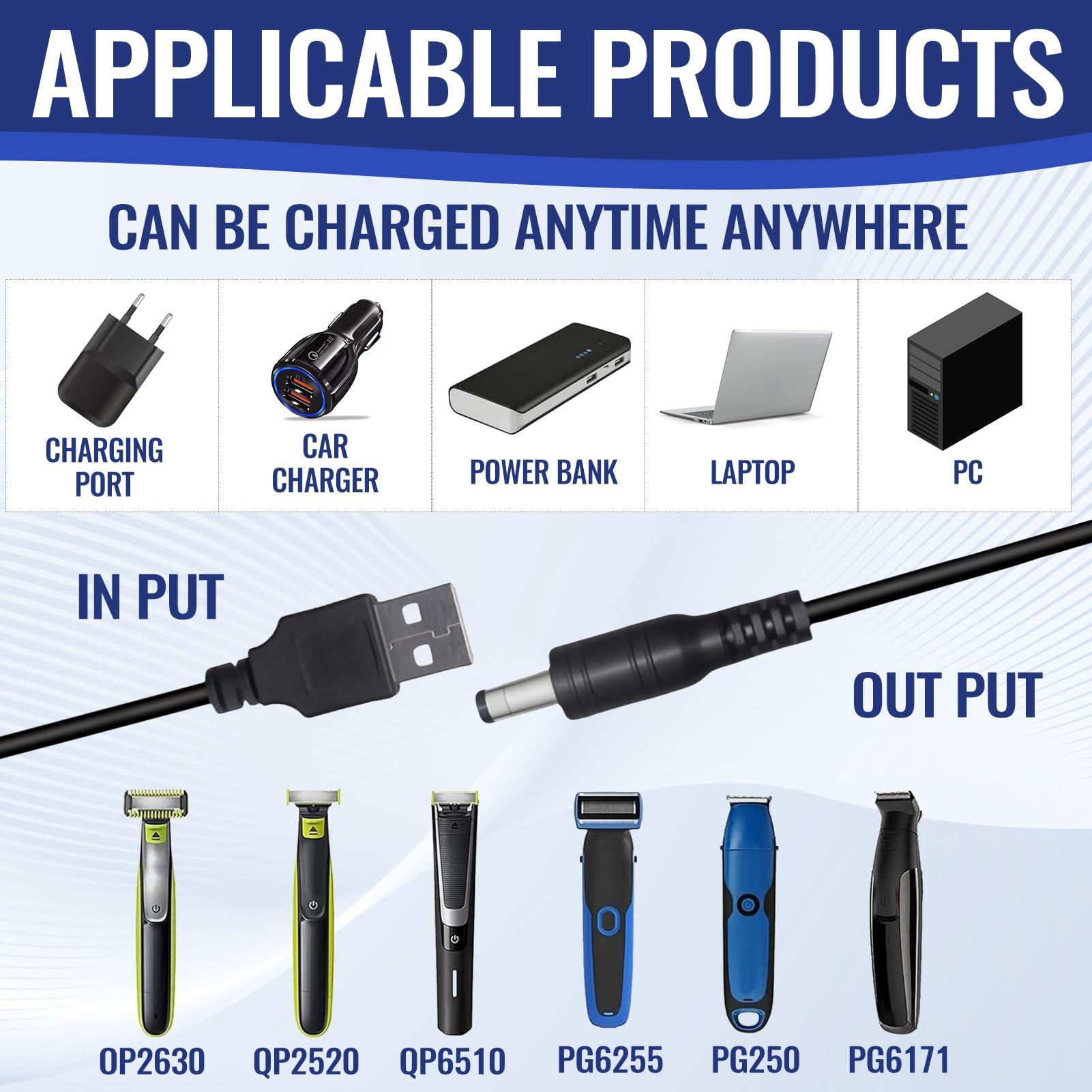 FreshCart Basics Shaver Charger Cable Kit Electric Razor USB Replacement Power Lead with 6 Charging Cord Heads One Blade Beard Trimmer Adapter Cord Compatible with Philips, Whal Clipper, Kemei, Babybliss and More