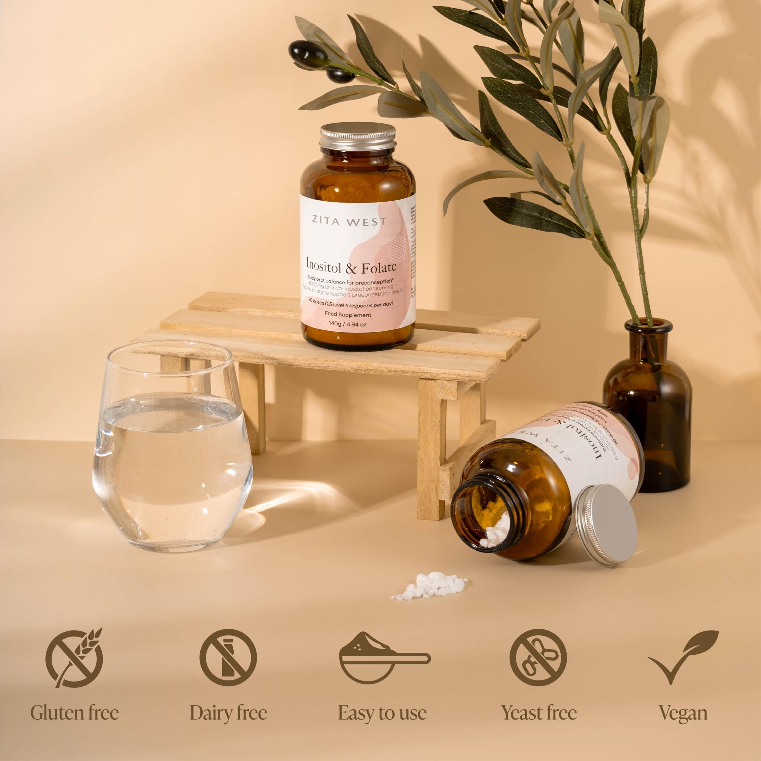 Zita West Zita West Myo-Inositol & Folate Powder 4000mg of Inositol Per Serving for PCOS, Egg & Menstrual Cycle Support, Preconception Supplement - 140g (30 Doses)