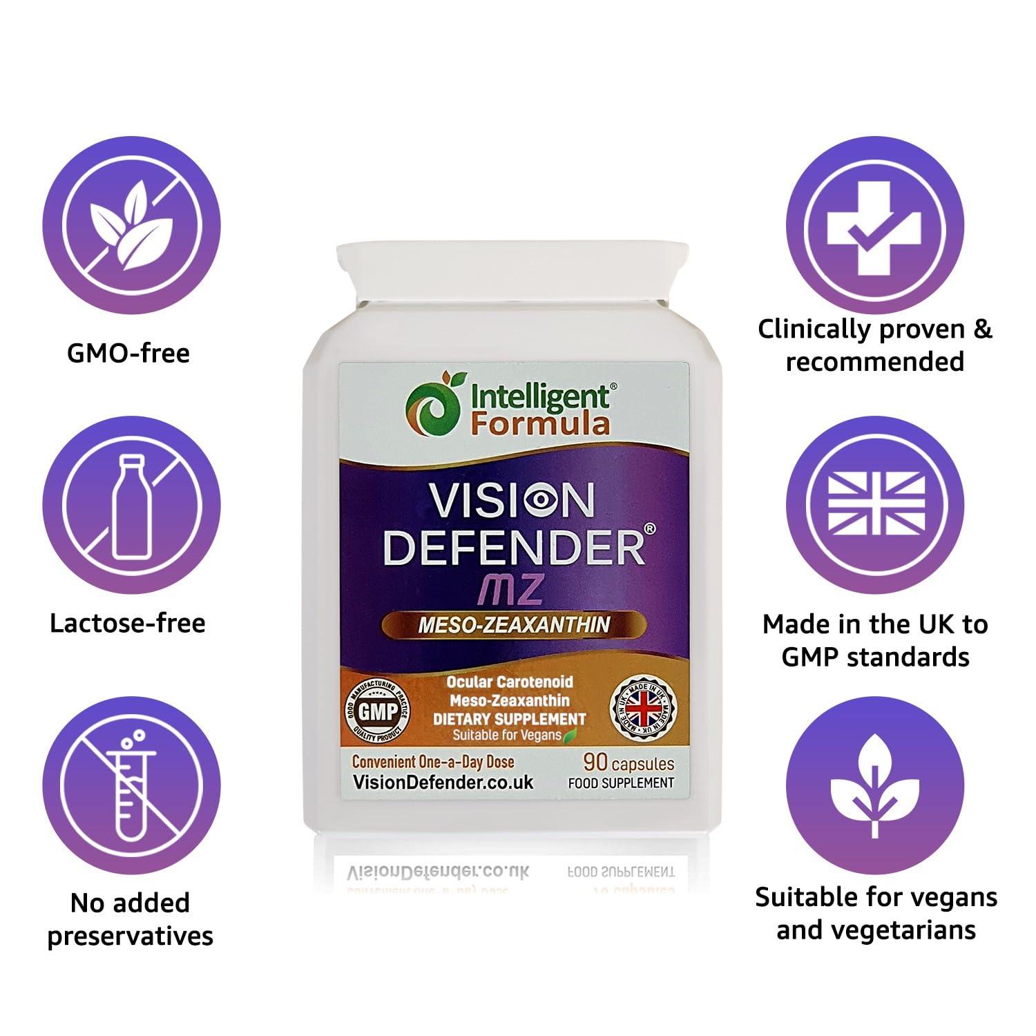 Intelligent Formula Meso Zeaxanthin Supplement - VISION DEFENDER MZ High Strength Eye Vitamins Nutrients & Antioxidant Carotenoid for Ocular Health, Eye Care & Eyesight Support Vegan (90 capsules/One-A-Day) Made in UK