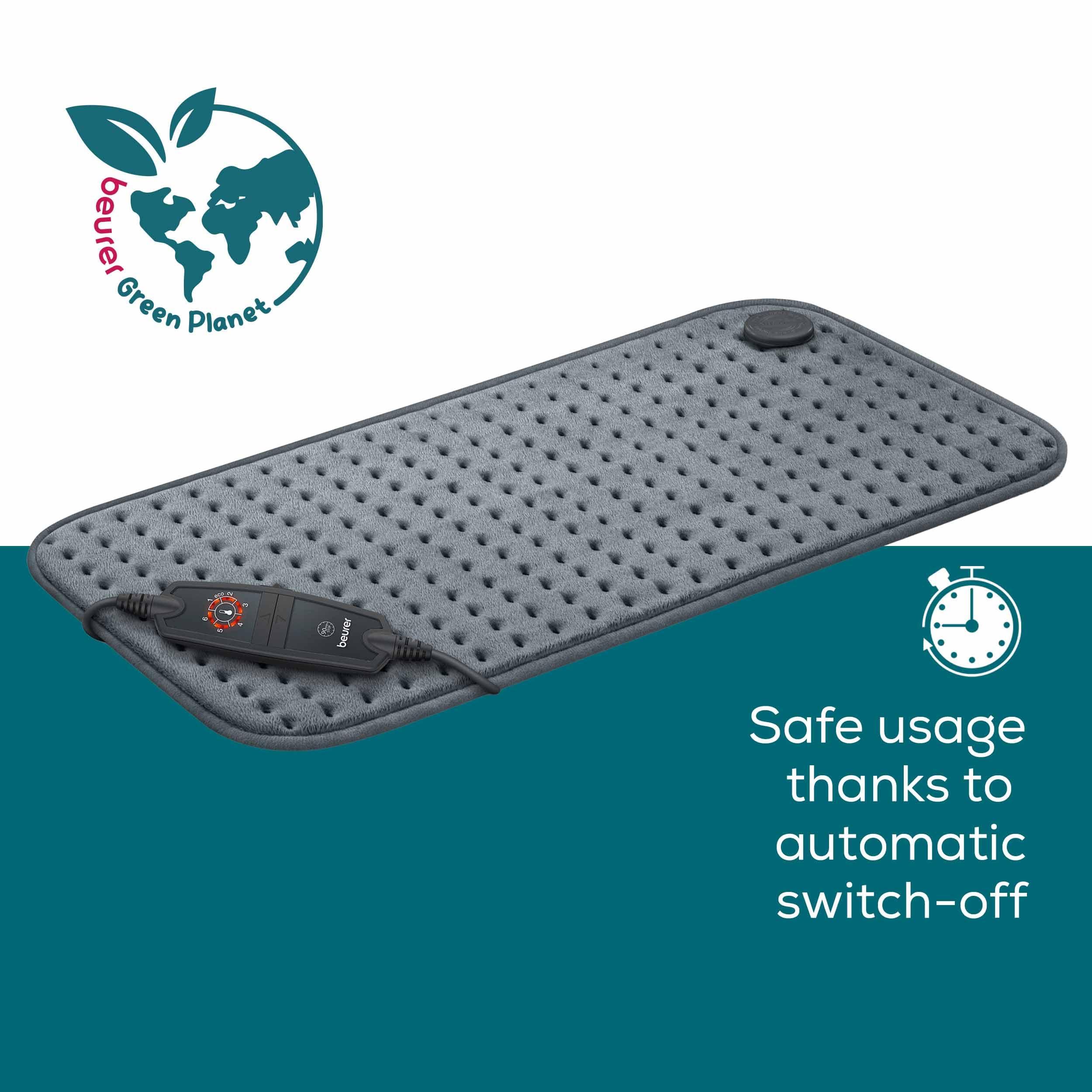 Beurer Beurer HK123 Green Planet Heating Pad, Made in Europe, Top and Bottom Made from 100% Recycled Material, Cuddly Soft, 60 x 30 cm, 6 Temperature Levels and Automatic Shut-Off, Machine Washable, Grey