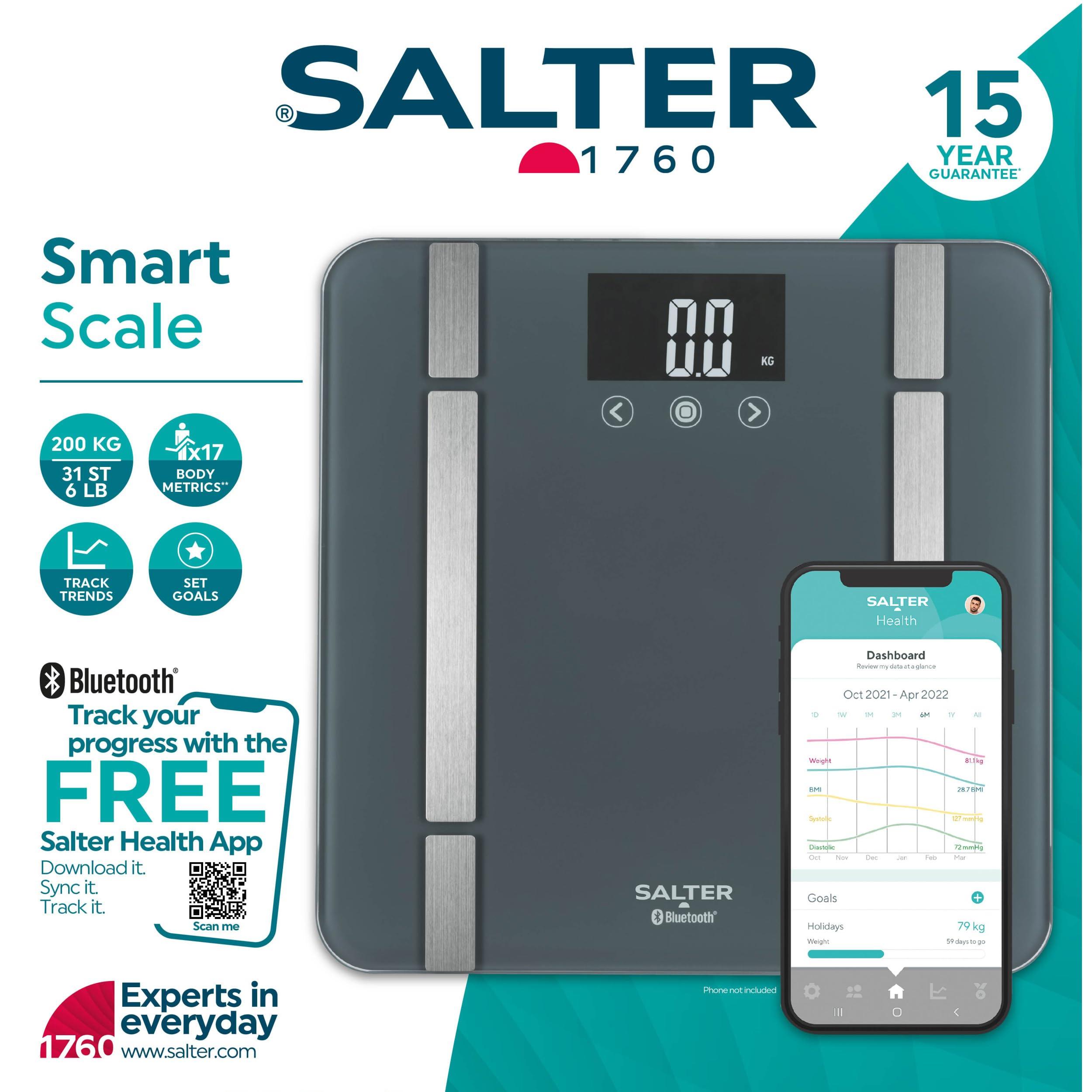 Salter Salter SA00432GFEU6 Bathroom Smart Scale Bluetooth Digital Scale, 200kg, Measure Weight, Body Fat/Water, Muscle/Bone Mass, BMI/BMR, 8 User Memory, Connect to Phone with Free Salter Health App, Grey