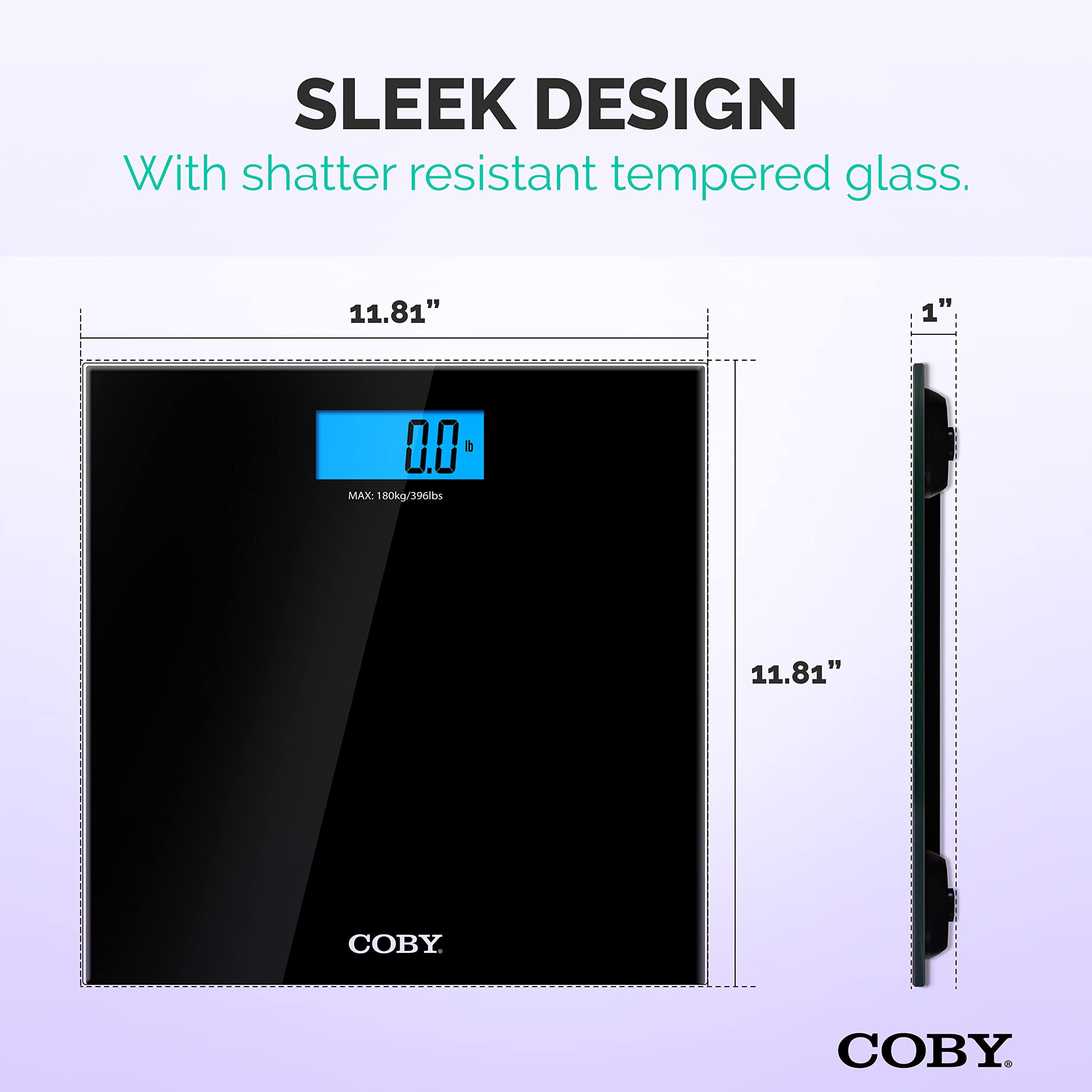 Coby COBY Tempered Glass Digital Bathroom Scale with Color Changing LCD Backlit Display, Black, 3.47 Pound