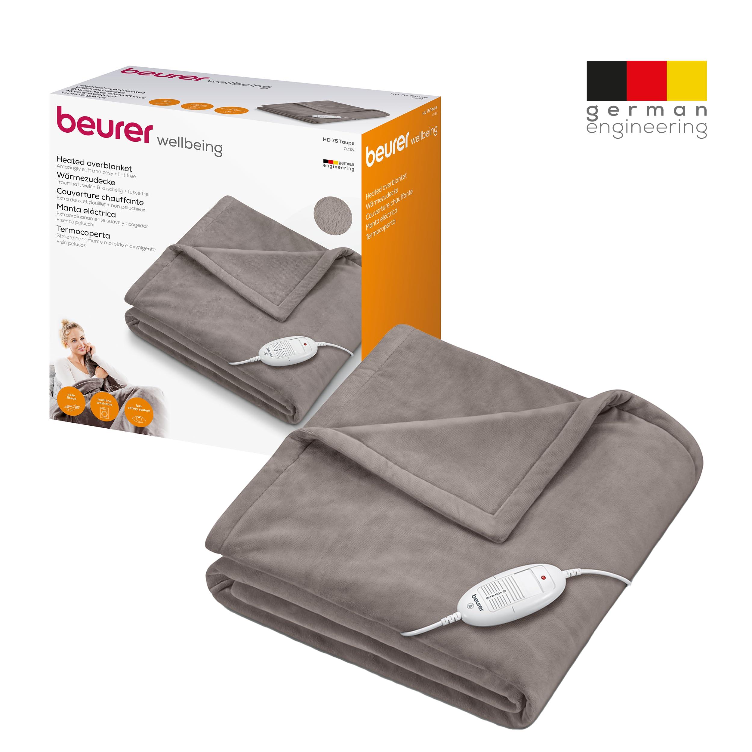 Beurer Beurer HD75 Electric Blanket with 6 Temperature Settings, Soft Heated Throw for Cosy Sofa Nights, Automatic Switch-Off & Safety System, Machine-Washable, Taupe, 180 x 130 cm, 100 watts
