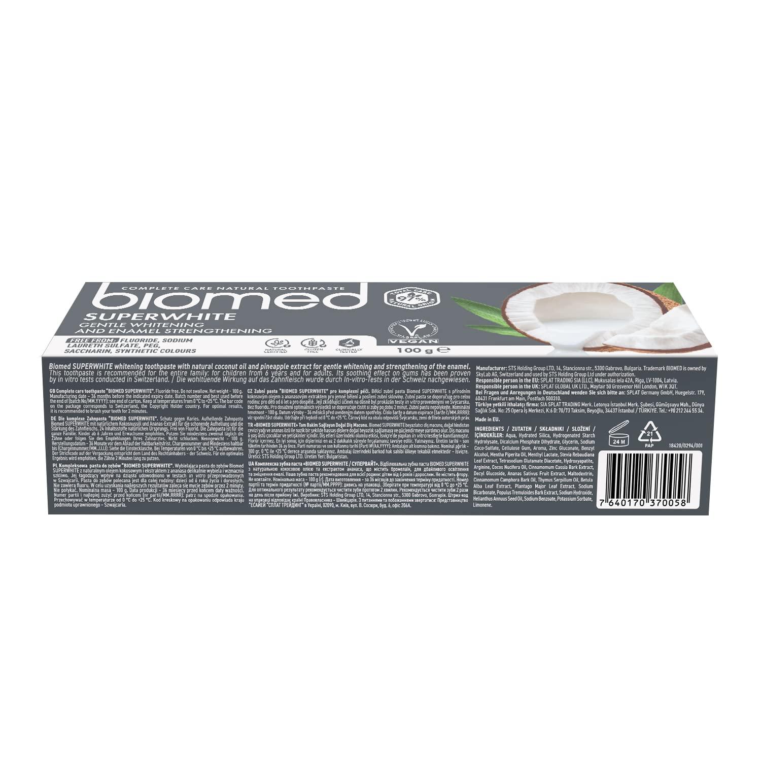 BIOMED Biomed Superwhite 97% Natural Whitening Toothpaste | Enamel Strengthening | Coconut Flavour, Vegan, SLES Free 6x100g