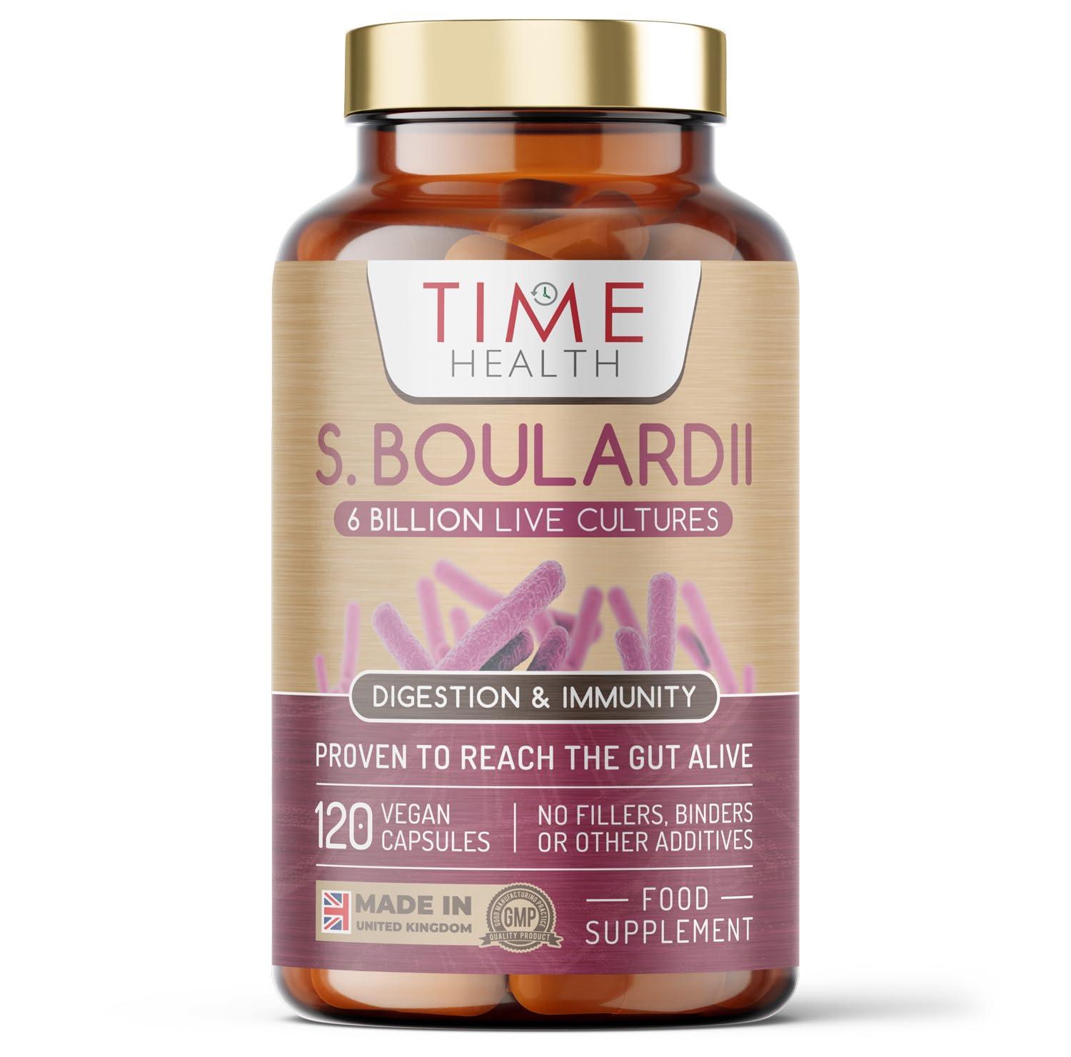 Time Health New: Saccharomyces Boulardii Probiotic 6 Billion CFU 120 Capsules Travel Ready S Boulardii (No Refrigeration Required) Proven to Reach The Gut Alive Vegan GMP UK Supplement
