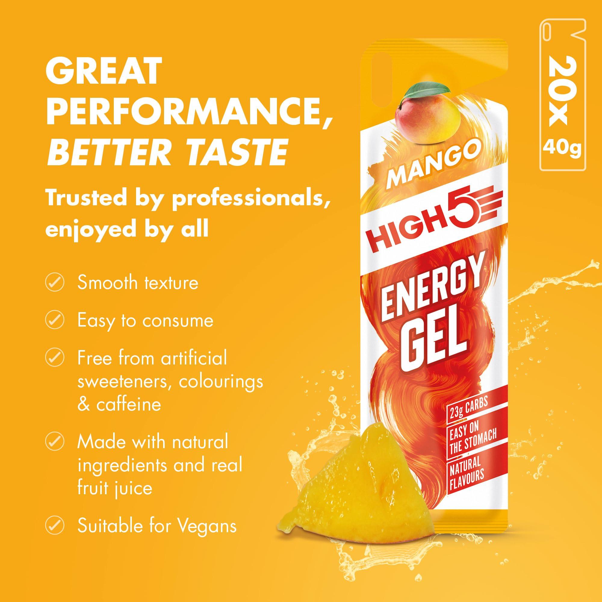 HIGH5 HIGH5 Energy Gels - Quick Release Sports Gels to Power Muscles for Peak Performance - Natural Fruit Juice & Caffeine-Free - On The Go Energy Boost for Running, Cycling and Endurance (Mango, 20 x 40g)
