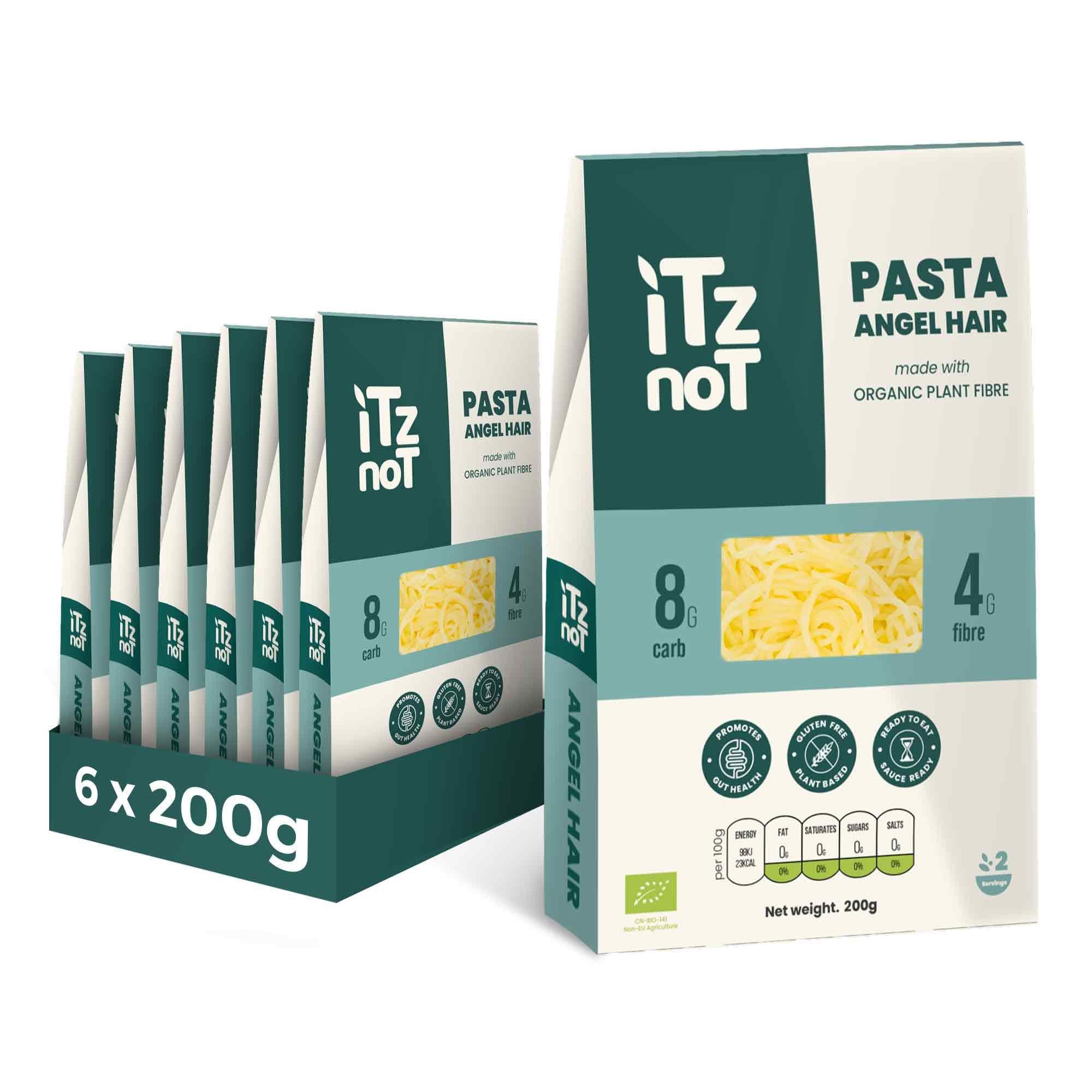 ITZ NOT iTz noT jusT PASTA ANGEL (Pack of 6, 200g Each) Ready cooked, Shirataki, Moyu, Konjac Plant Fibre Pasta, Low Carb, & No Added Preservatives, Healthy, Gluten Free, Gut Health. 100% Natural