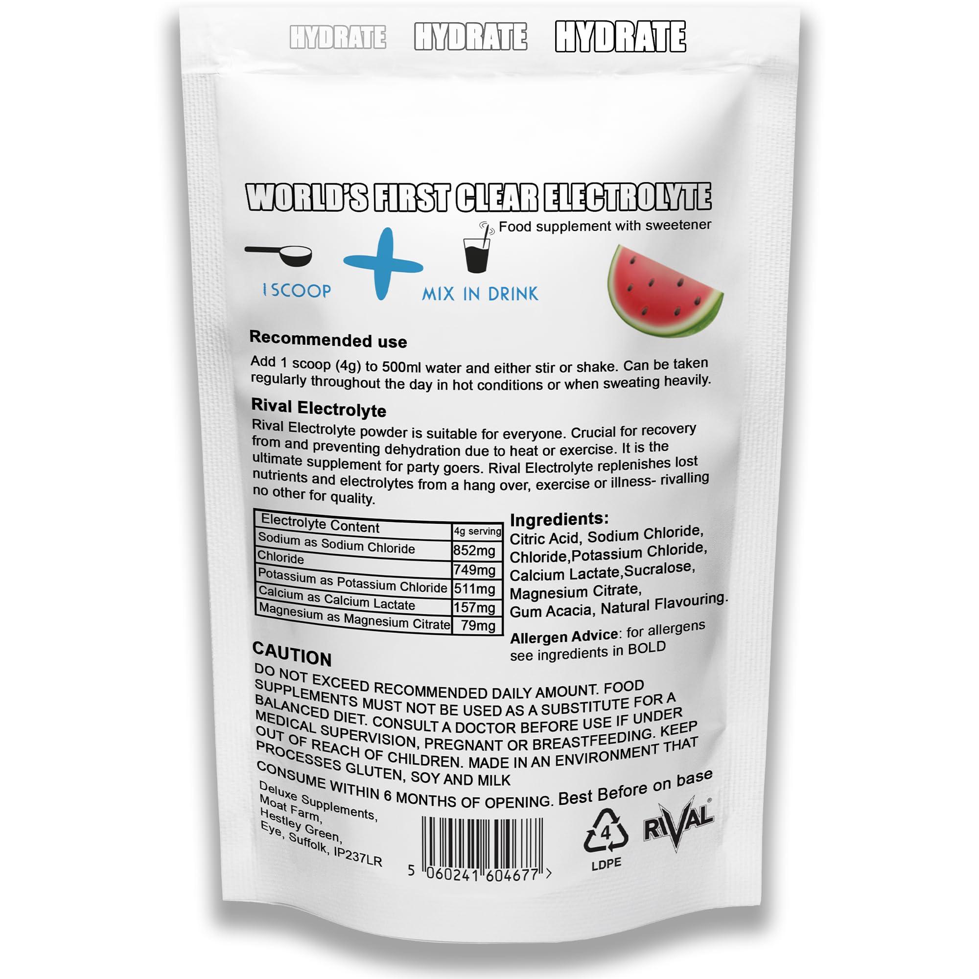 Rival Sports Fuel Rival Electrolyte Powder 250g Rapid Rehydration Naturally Flavoured, Sugar Free, Zero Carbs, Vegan, Keto Friendly - 62 Servings Made in The UK | Watermelon